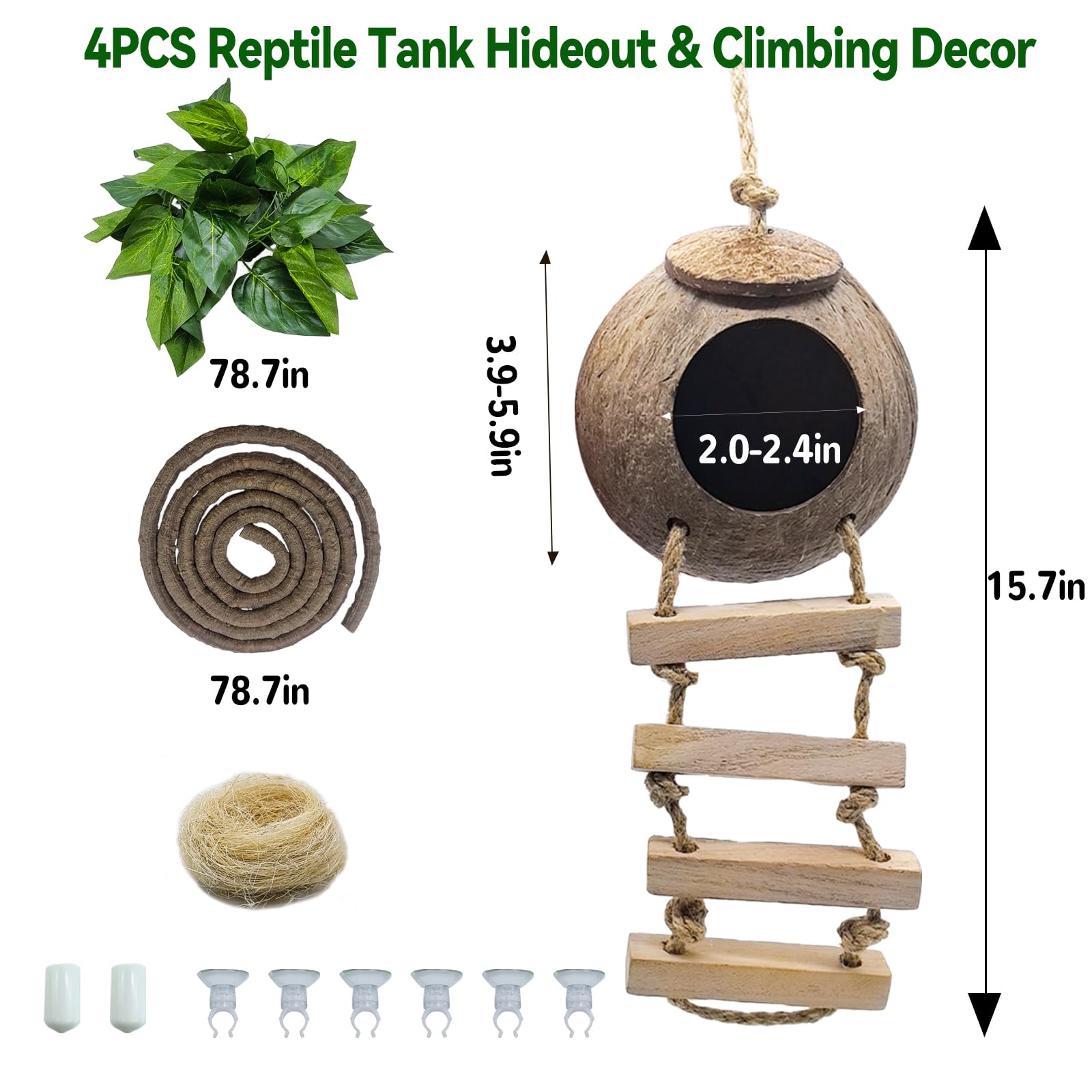 Tfwadmx Crested Gecko Coconut Hide,Leopard Gecko Coco Hut Hideout Cave With Ladder,Reptile Hanging Coconut Hut & Climbing Vine,Ideal Habitat Accessory For Hermit Crab, Snake,Lizard
