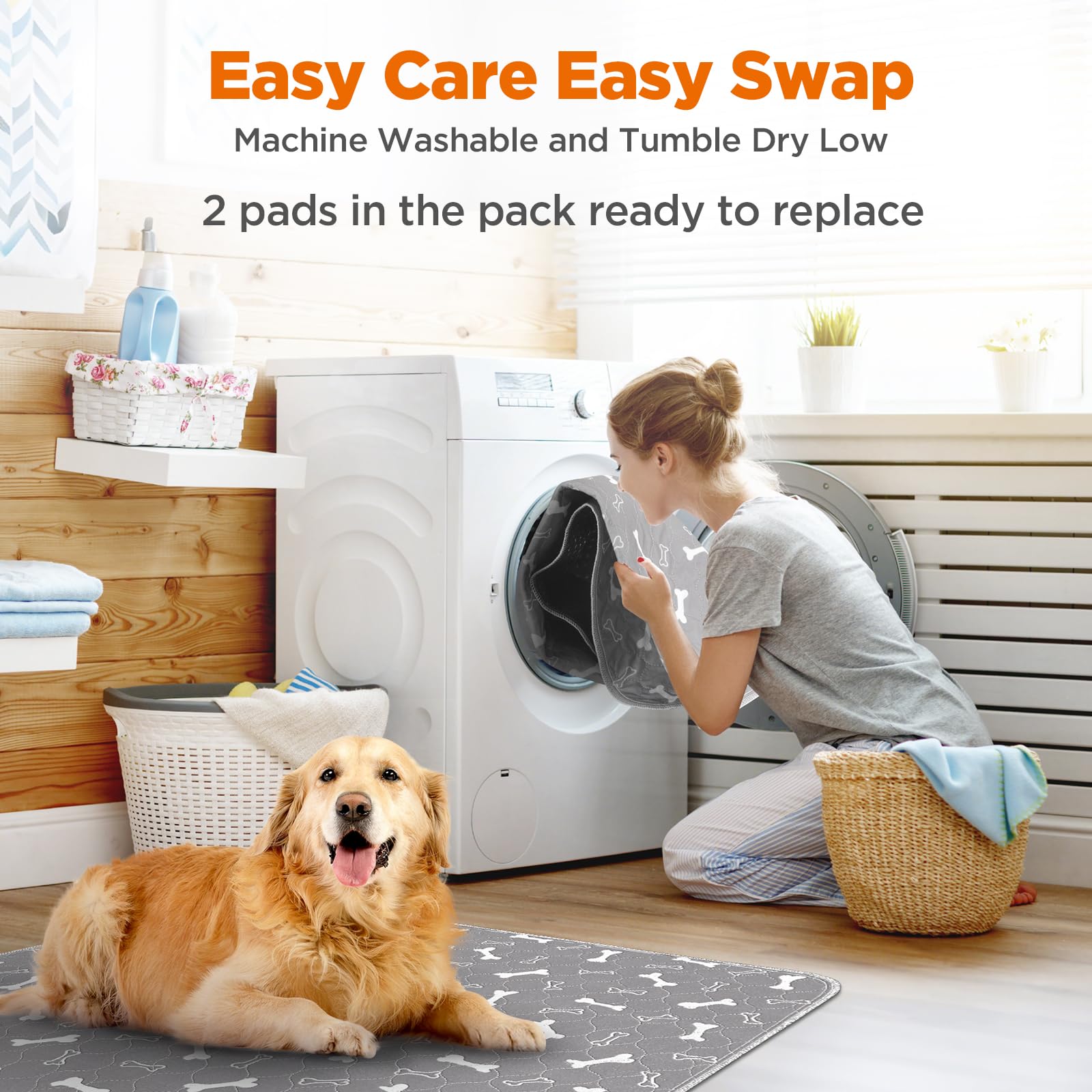 Baodan Washable Dog Pee Pads, 36"x41", Gray, 2 Pack, 100% Waterproof, Non-Slip, Reusable Potty Training Pads