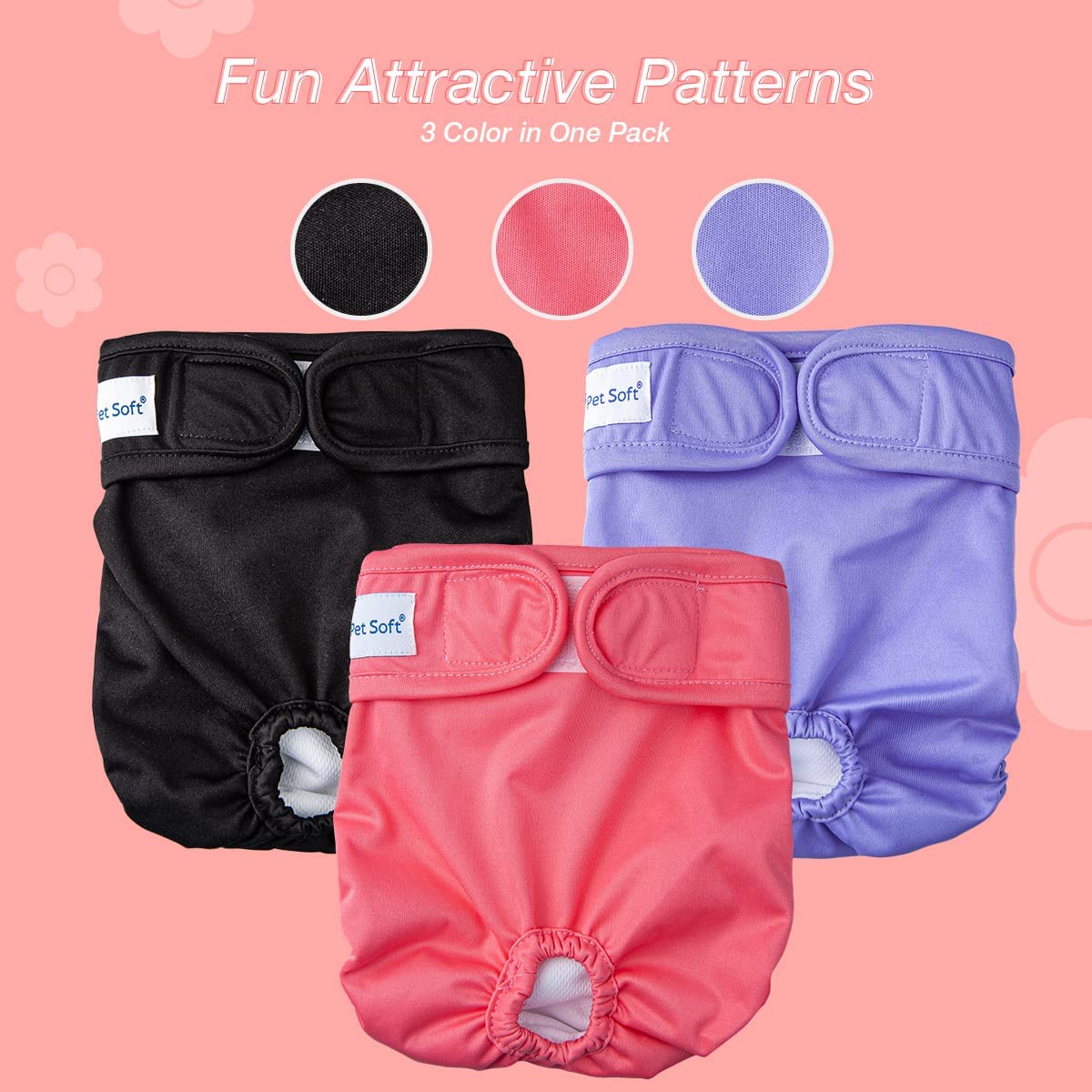 Pet Soft Washable Female Diapers (3 Pack) - Female Dog Diapers, Comfort Reusable Doggy Diapers For Girl Dog In Period Heat (Sprightly, S)