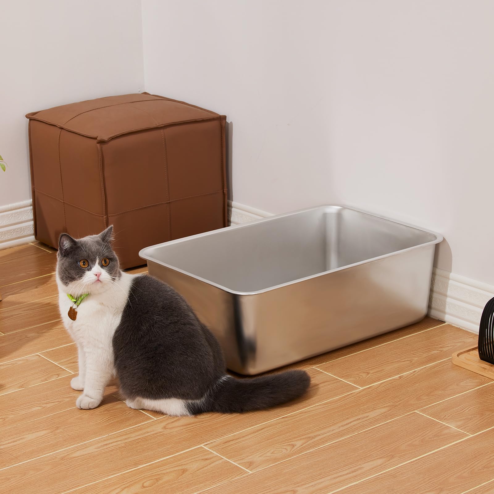 Yangbaga Stainless Steel Litter Box For Cat And Rabbit, Large Size With 8In High Sides And Non Slip Rubber Feet. Odor Control, Non Stick Smooth Surface, Easy To Clean, Never Bend