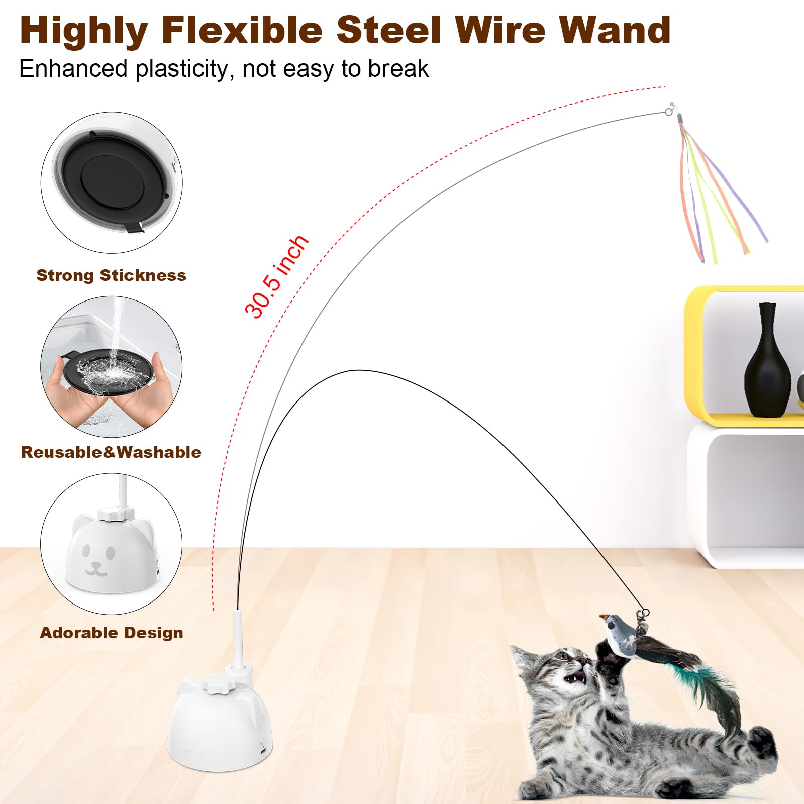 Xuyub Cat Toys Feather Wand Enhanced Suction Cup Interactive Cat Toy Auto-Swing Cat Wand Toy With 3Pcs Replacement Teaser Refill