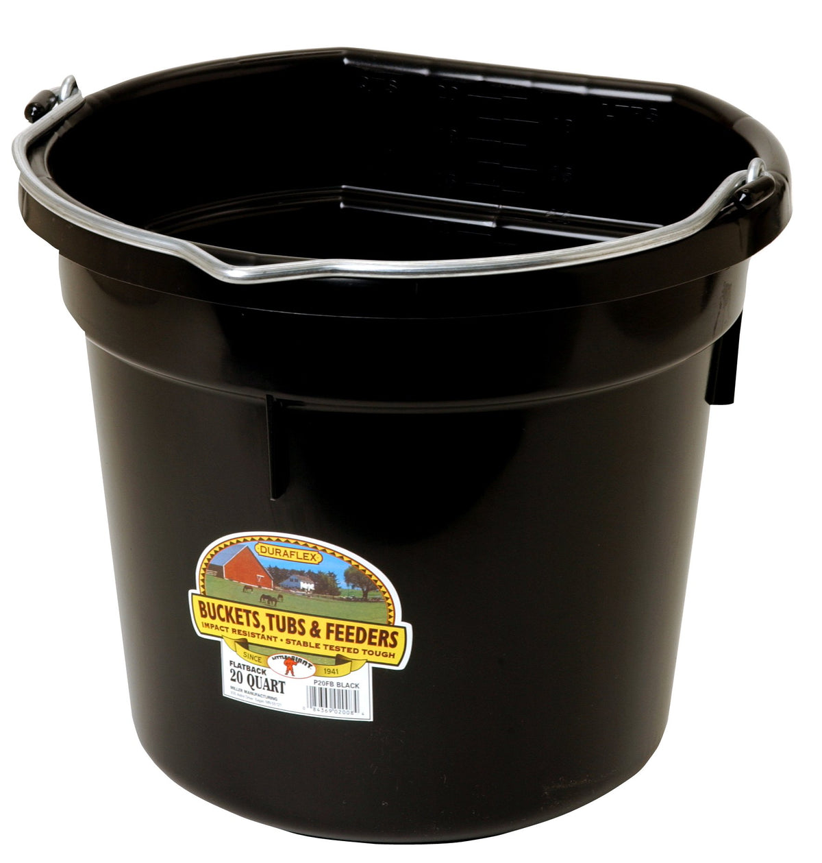 Little Giant® Flat Back Plastic Animal Feed Bucket | Animal Feed Bucket with Metal Handle | Horse Feed & Water Bucket | 20 Quarts | Black