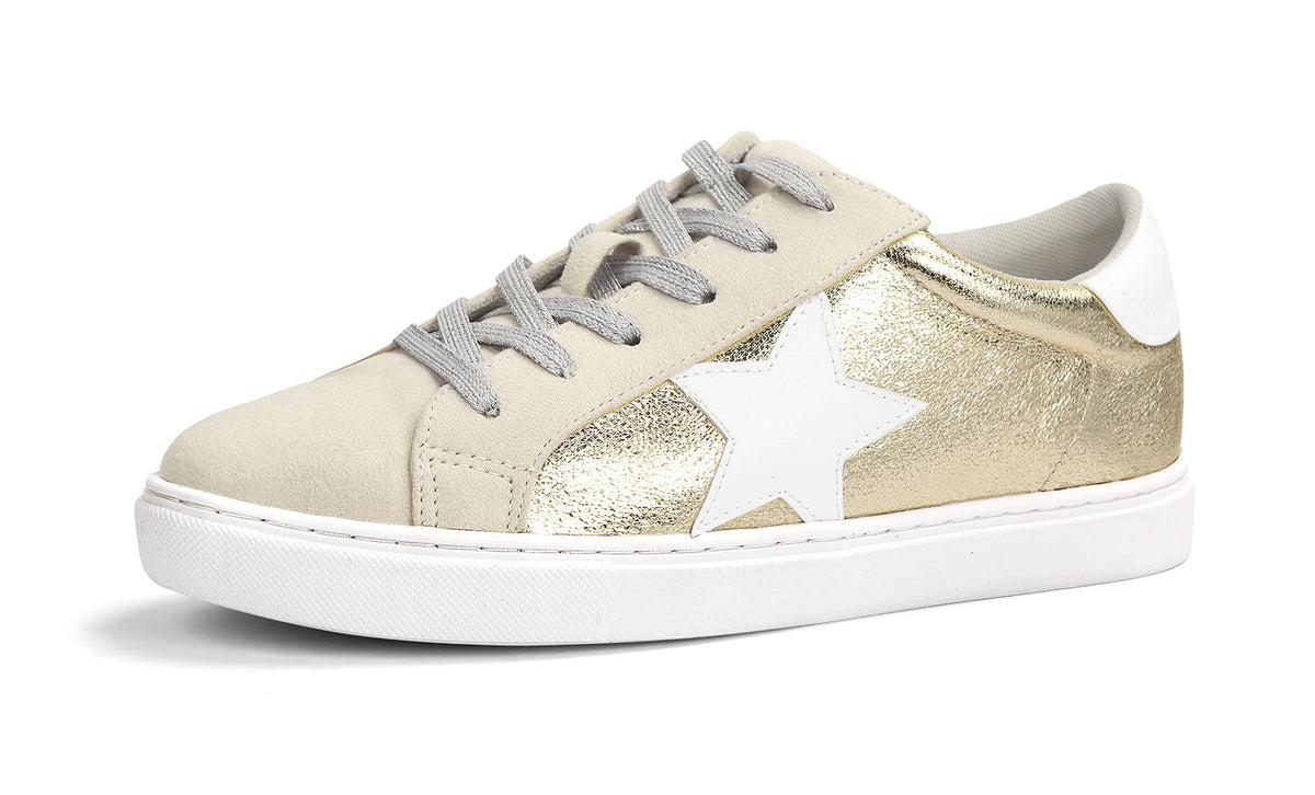 Party Womens Fashion Star Sneaker Lace Up Low Top Comfortable Cushioned Walking Shoes, Dale-Gold Met-75