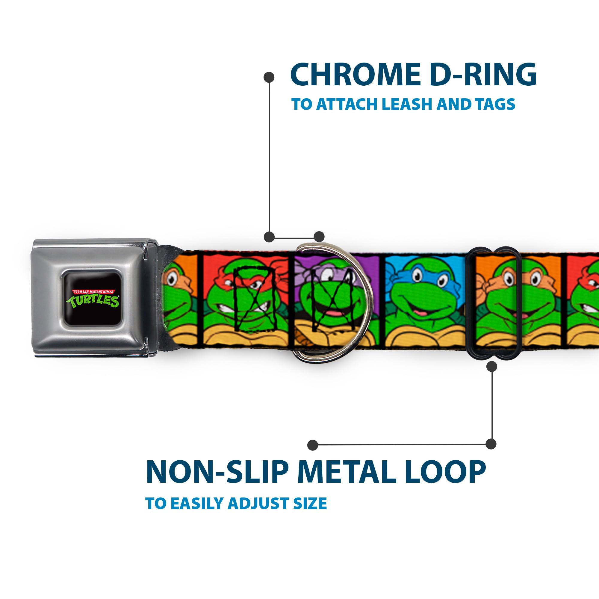 Buckle-Down Seatbelt Buckle Dog Collar - Classic Tmnt Face Blocks Black/Multi Color - 1' Wide - Fits 11-17' Neck - Medium