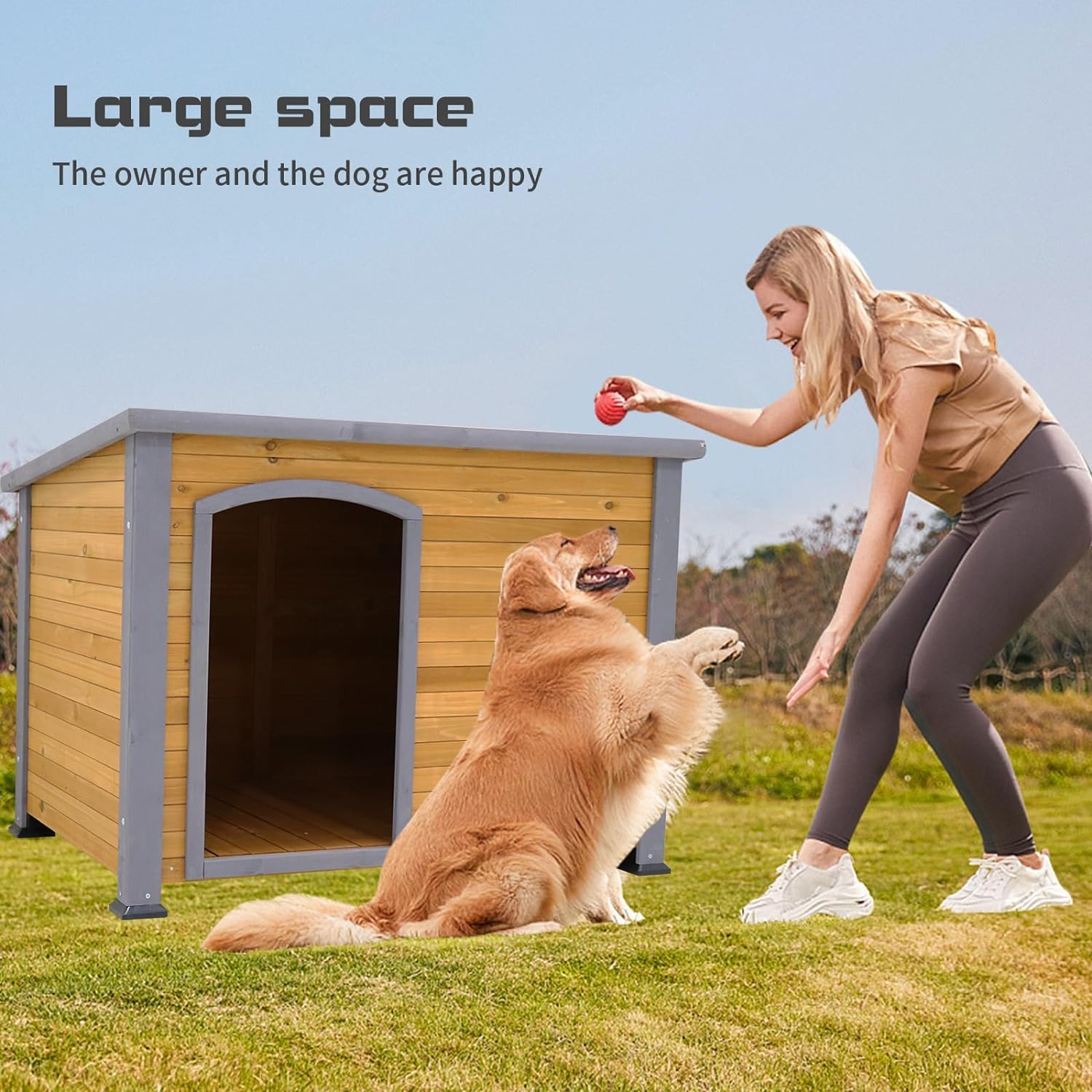 LIYAHUIA Extra Large Dog House, Weatherproof Wooden Kennel for Large Dogs, Natural Fir Wood, Model WCM20221007D