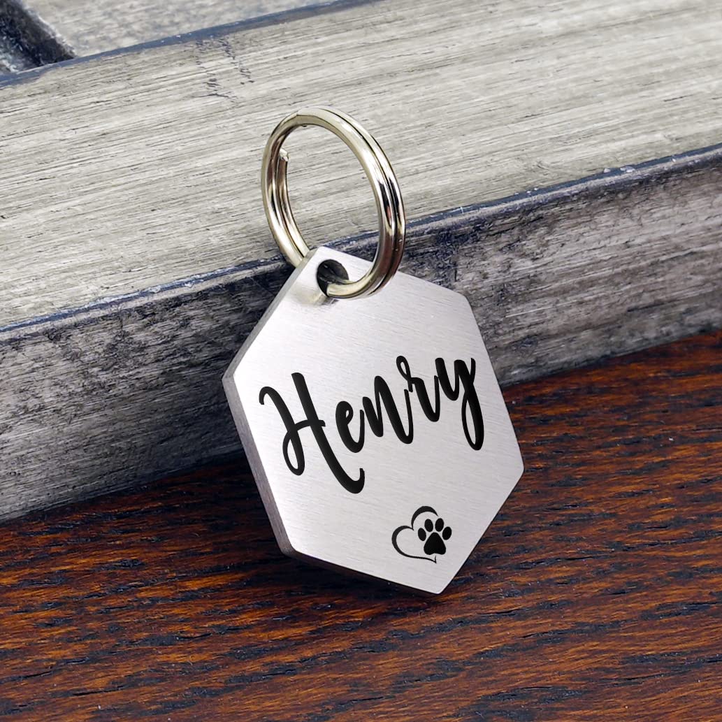 Ultra Joys Dog Id Tag, Custom Dog Tag, Personalized Dog Tag, Dog Tag, Pet Id Tag, Dog Tag For Dogs, Brushed Stainless Steel Hexagon Dog Tag Silver Large
