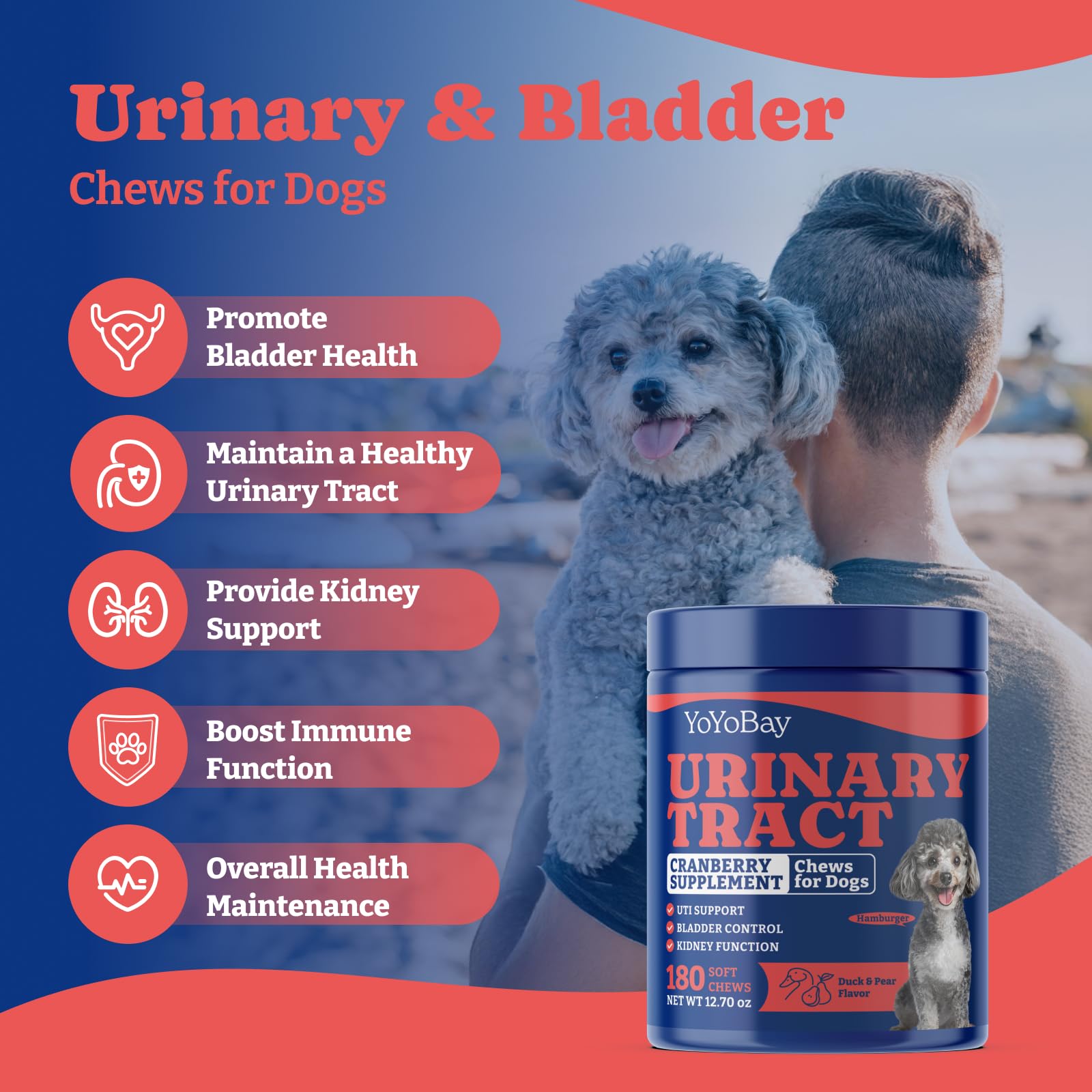 YoYoBay Dog UTI Treatment Chews, 180 Cranberry Bladder Control Chews, Duck & Pear Flavor