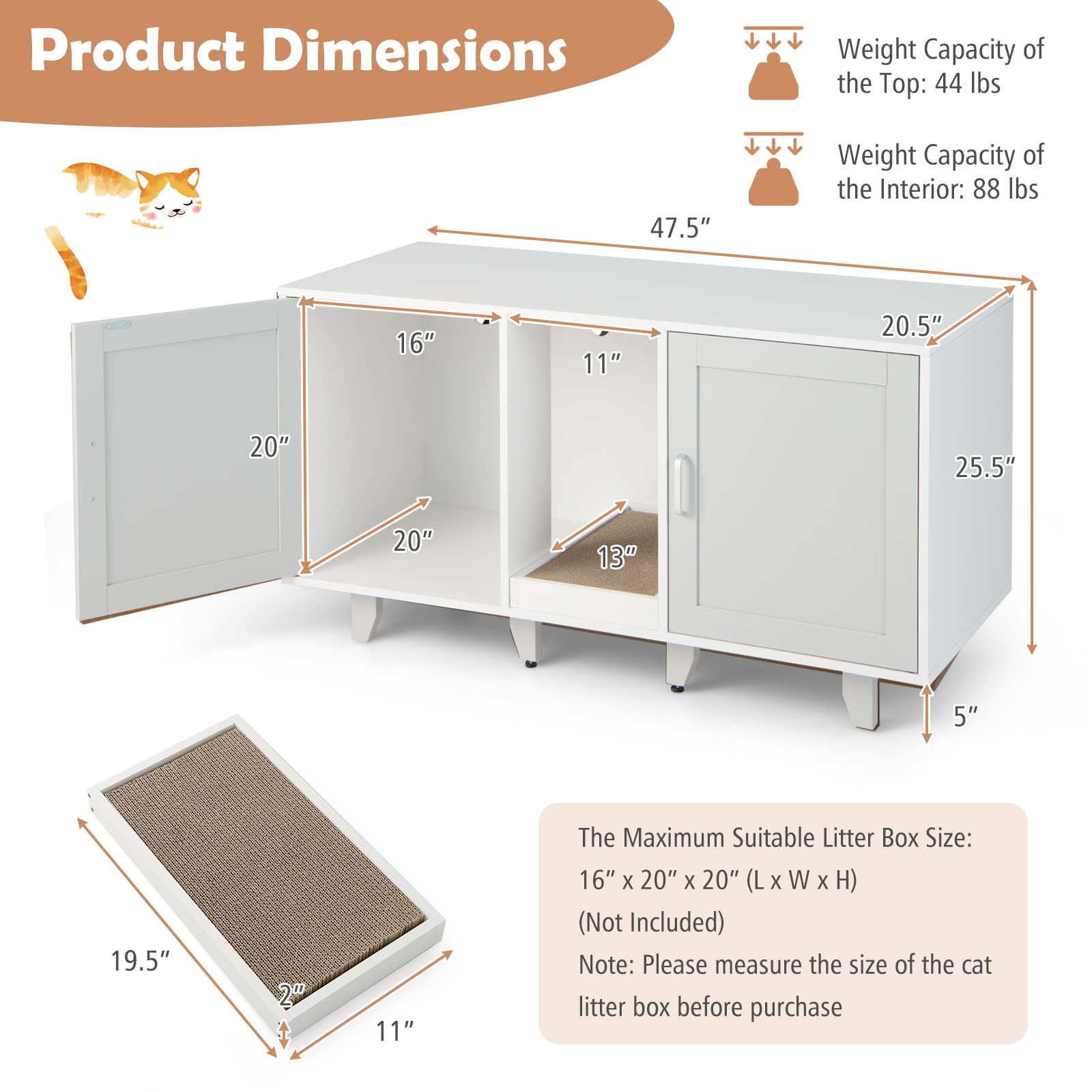 Petsite Litter Box Enclosure For 2 Litter Boxes, Hidden Cat Washroom Tv Stand End Table With 2 Cabinet, Scratching Board, Indoor Cat Litter Furniture Grey