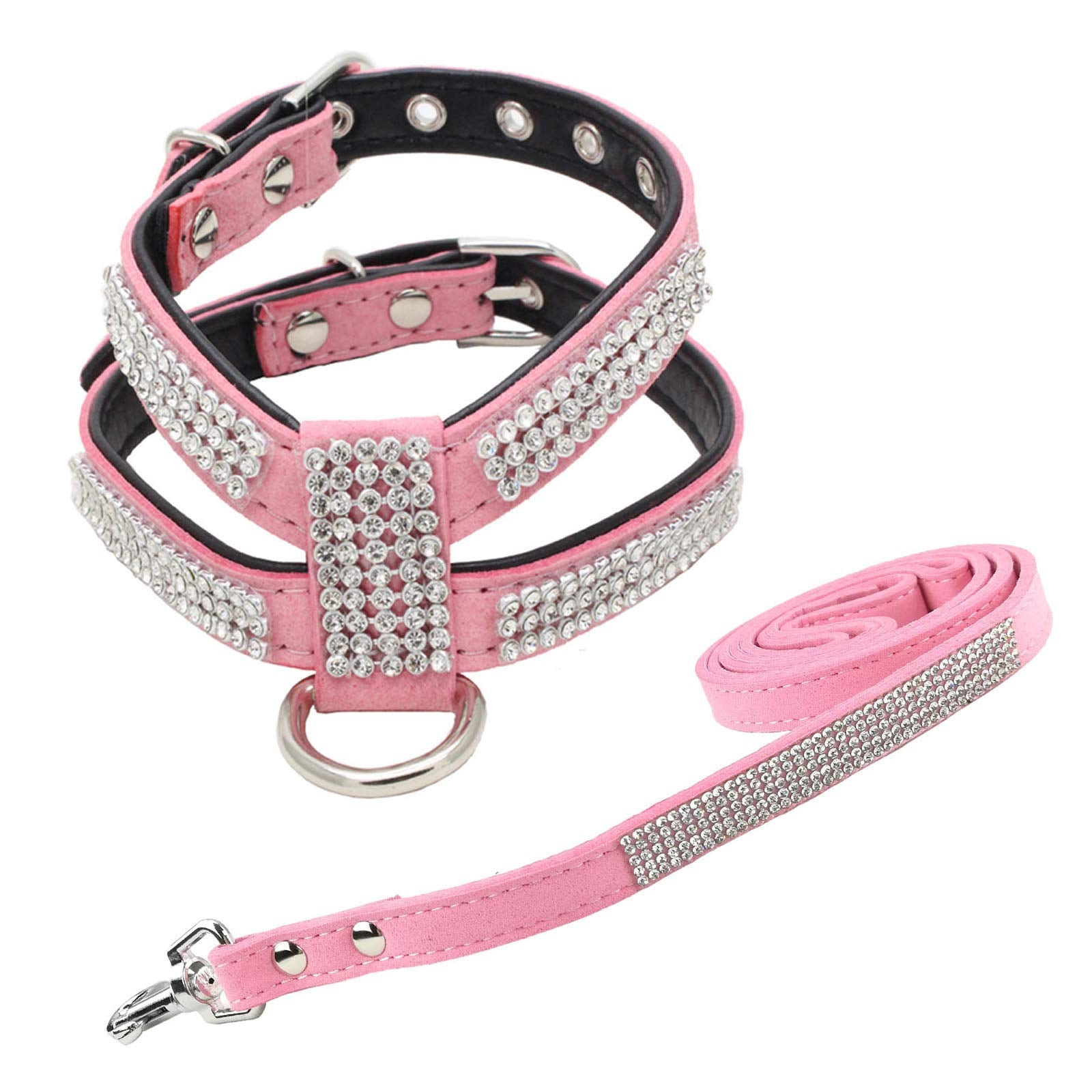 Newtensina Fashion Puppy Harness With Diamantes And Lead Cute Girl Bling Dog Harness With Bling Leash For Small Dogs - Pink - L