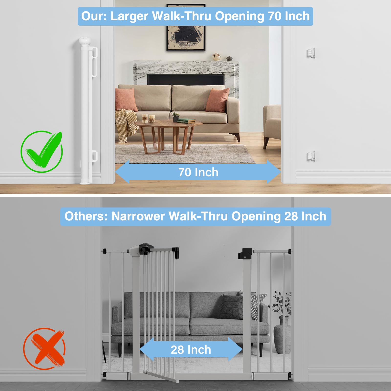 Retractable Baby Gates for Stairs, PRObebi Retractable Dog Gate Indoor Extends to 72'' Wide 34'' Tall, Child Gates for Doorways,