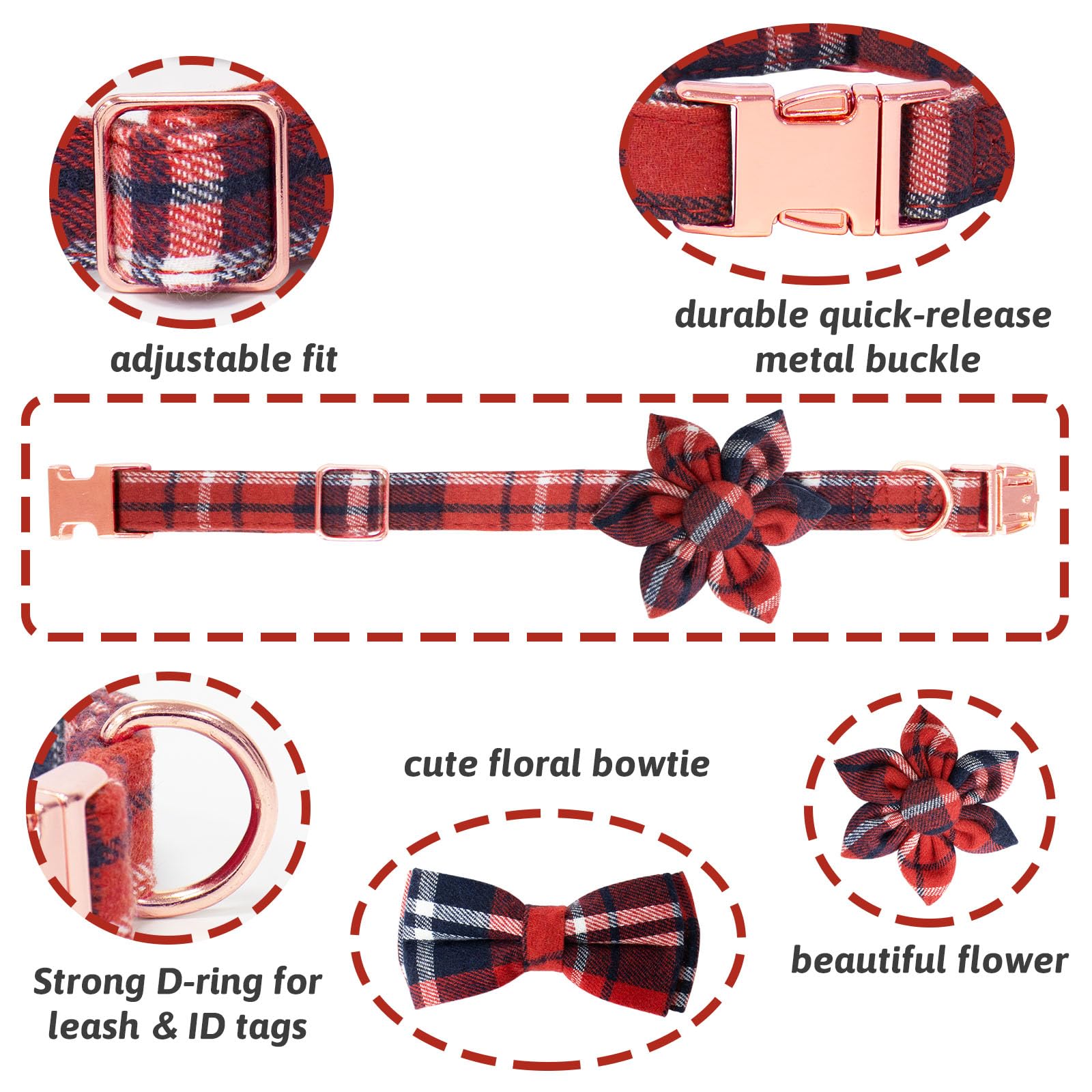 HSIGIO Dog Collar and Leash Set Girls Adjustable Puppy Collars with Plaid Bow Tie for Small Medium Large Female Dogs, Red Plaid,
