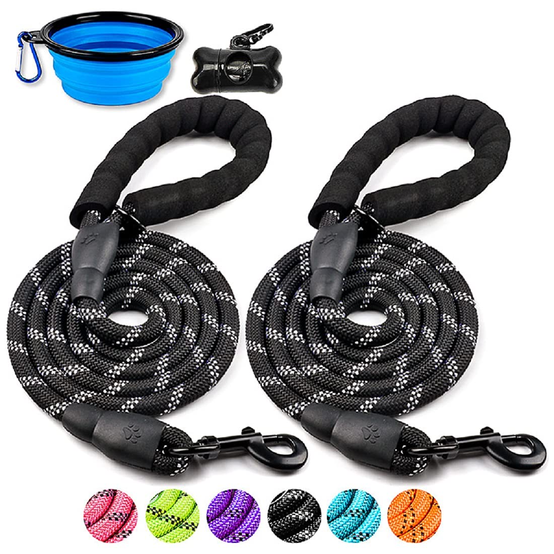 Doyoo 2 Pack Dog Leash 6 Ft Thick Durable Nylon Rope - Comfortable Padded Handle Reflective Rope Dog Leash For Medium Large Dogs With Collapsible Pet Bowl And Garbage Bags (6Ft-Black+Black)