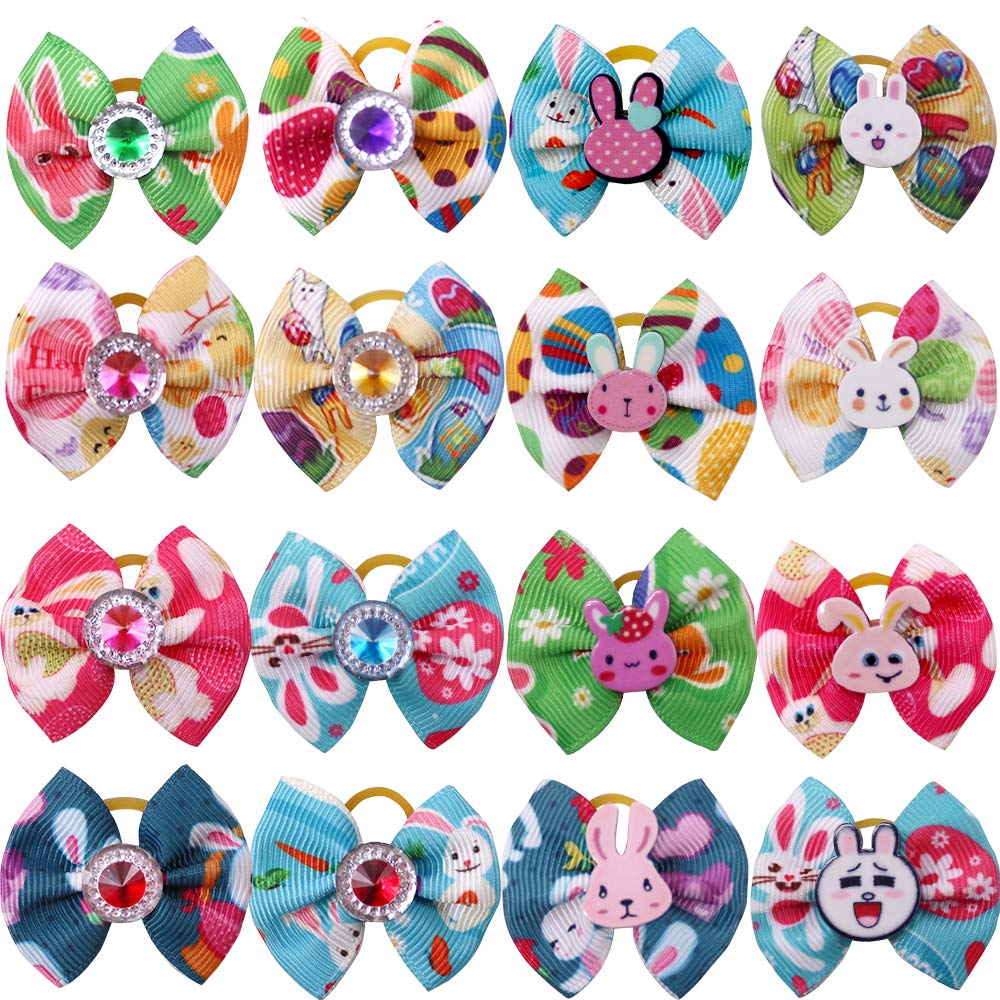 Masue Pets 20Pcs/10Pairs Dog Easter Rhinestone Bows With Rubber Bands, Rabbit Eggs Styles, 1.5 Inches, Multicolor, Cotton/Polyes