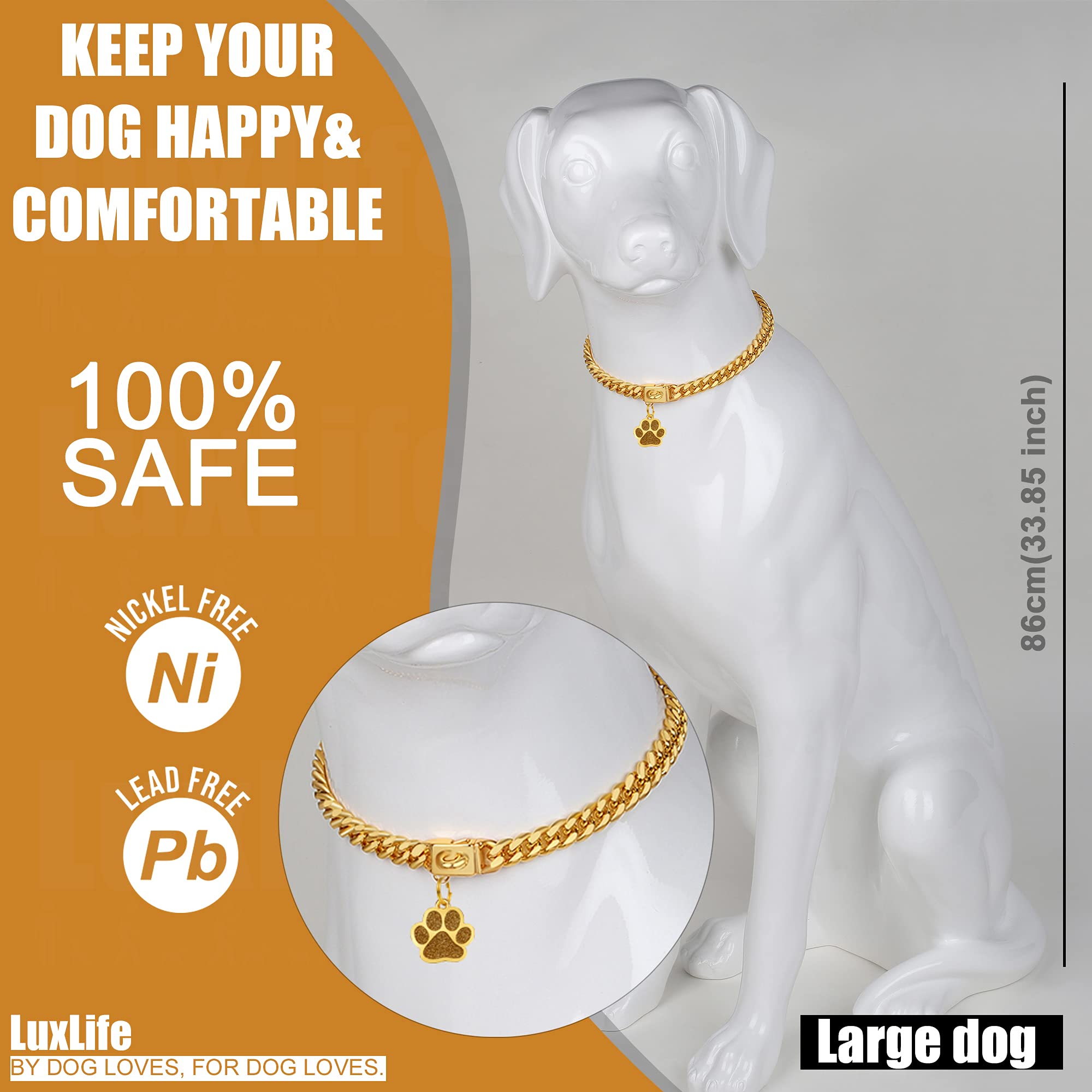 Luxlife Gold Cuban Link Dog Chain Collar - 10Mm 18K Gold Stainless Steel With Snap Buckle & Bell - Small To Large Dogs (18'')