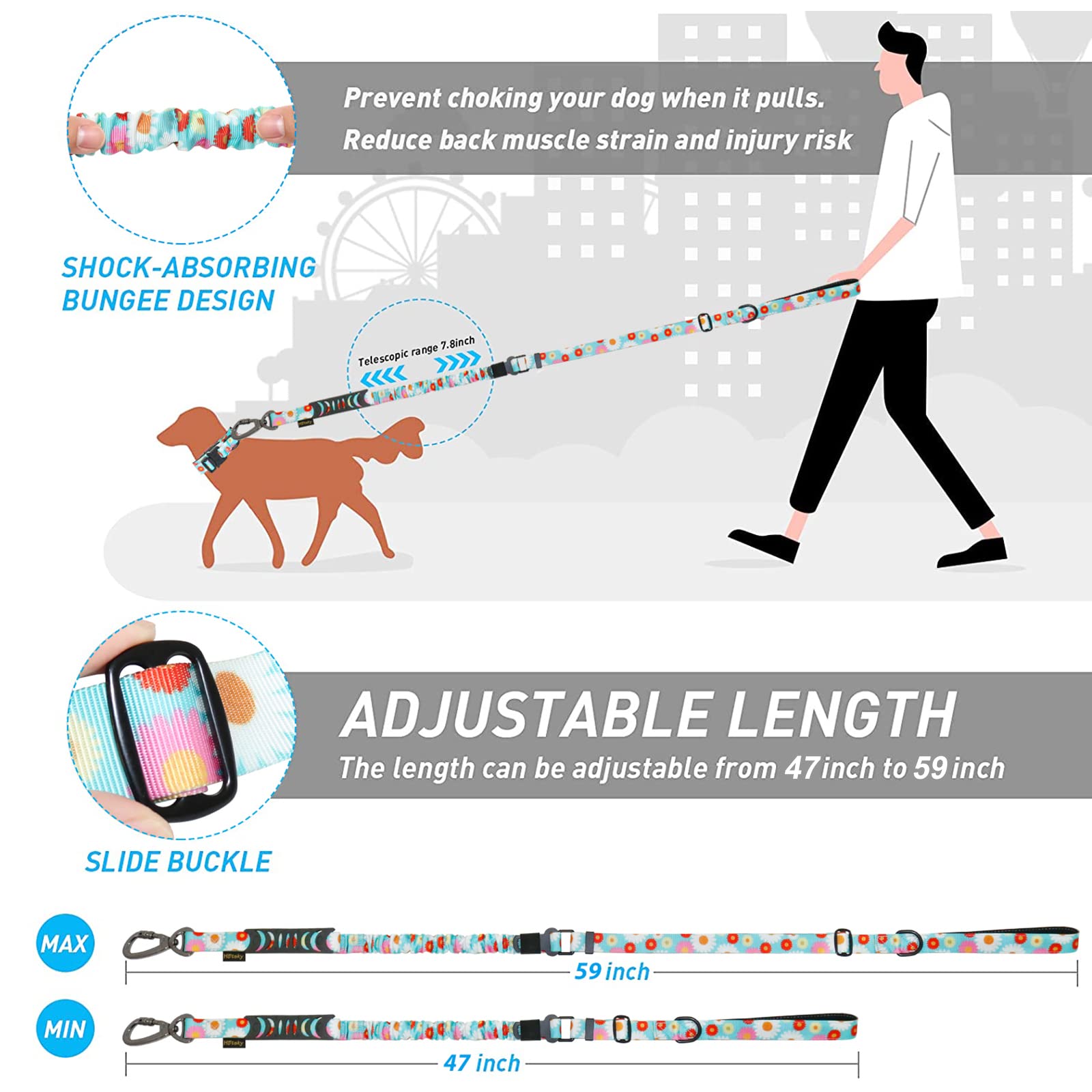 Heavy Duty Dog Leash, Hotsky Tactical Dog Leash With Car Seat Belt And Double Handle For Large Dogs Up To 150Lbs, 4Ft 6Ft Adjustable Shock Absorbing Strong Dog Leash For Dog Training Walking (Daisy)