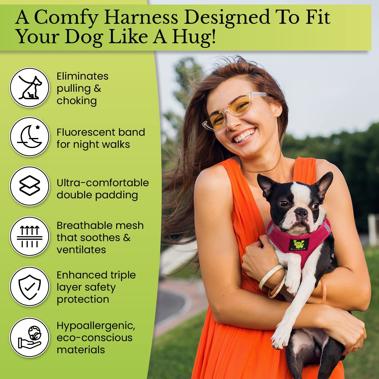 Ecobark Step In Dog Harness - Eco-Friendly Dog Harnesses For Small And Medium Breed Dogs - Reflective And Adjustable Body Halter Vest - Soft Mesh Dog Harness (Pink, Large)
