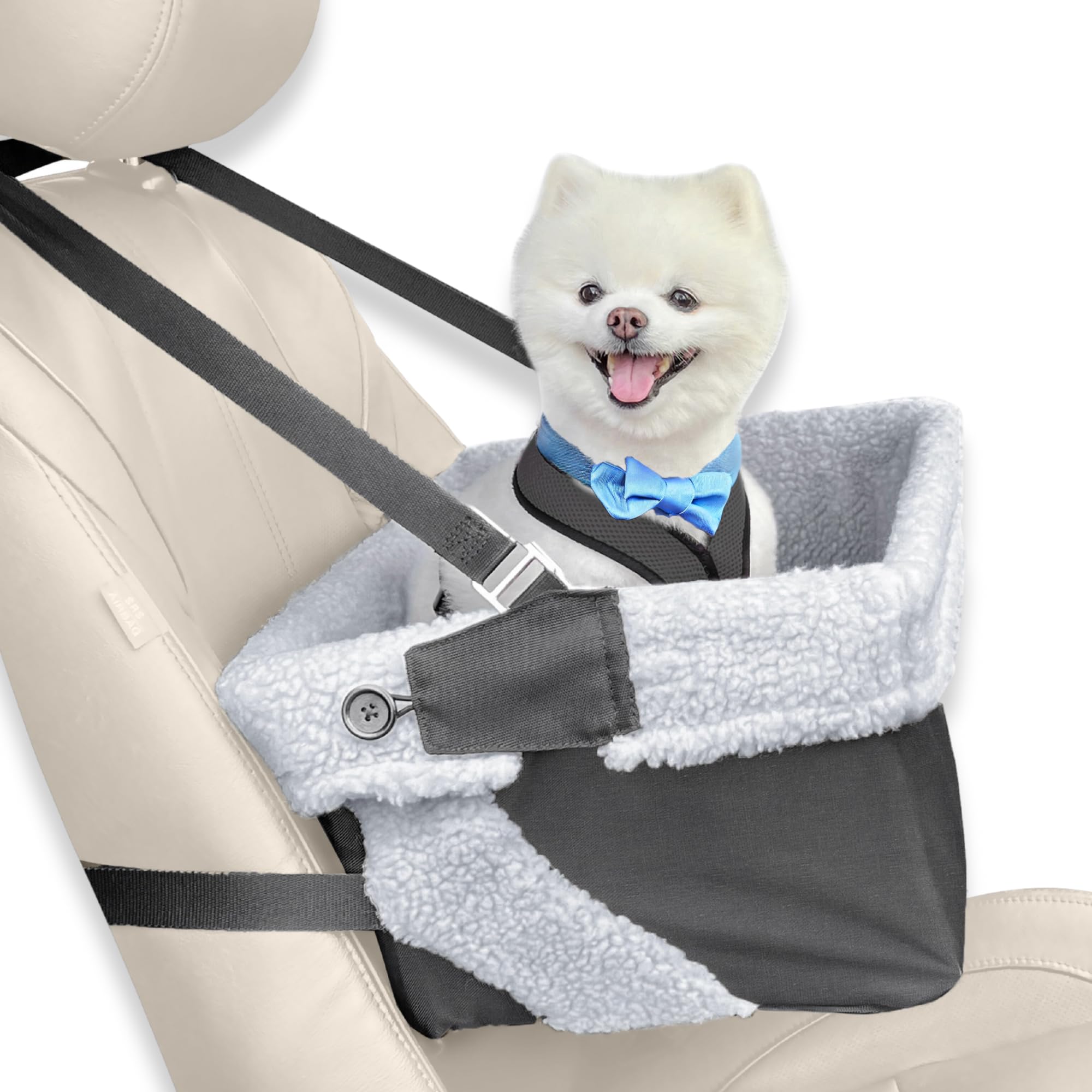 Dog Car Seat For Small Dogs - Grey Dog Booster Seat- Washable, Adjustable And Collapsible Pet Travel Carrier Bed- Includes Safet