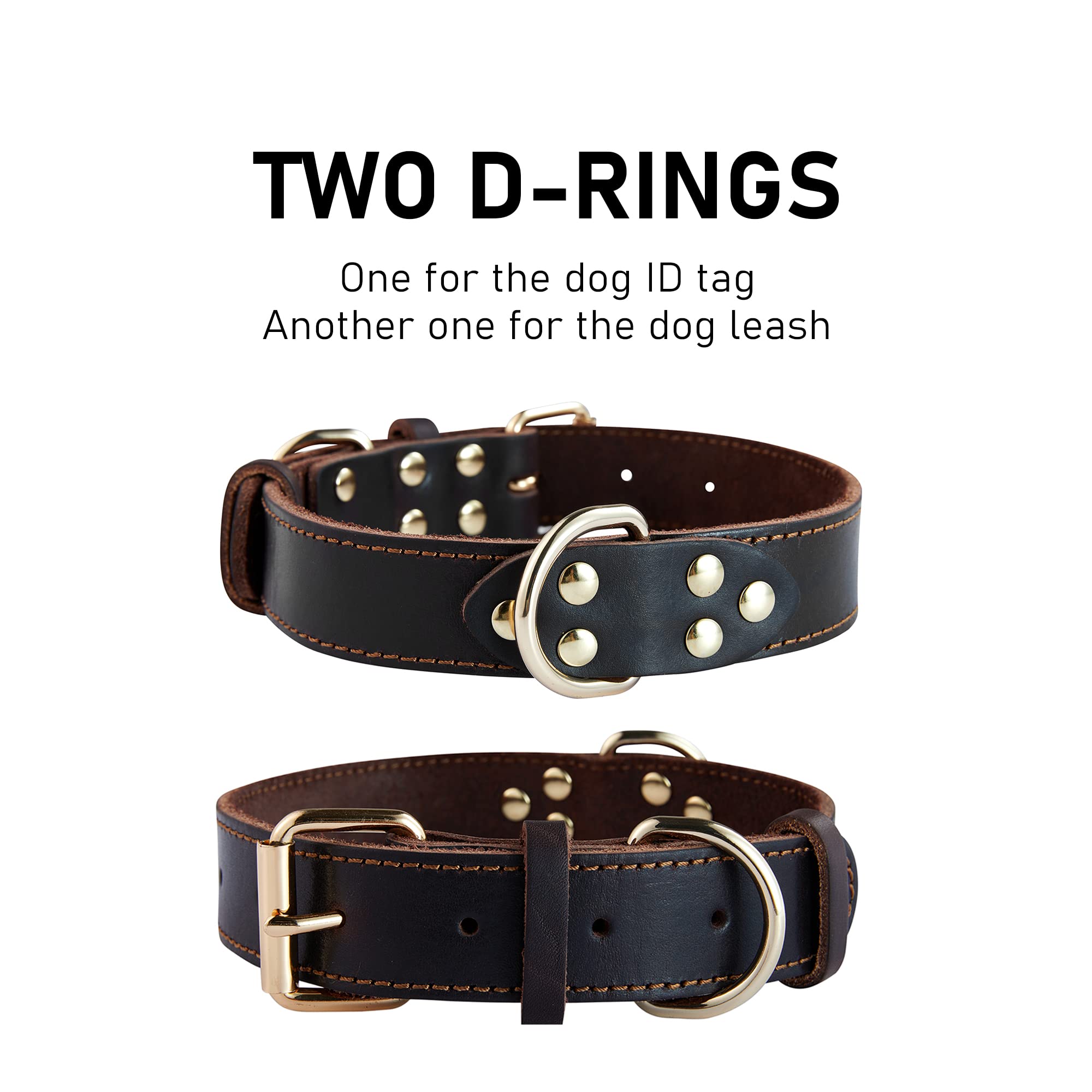 Daihaqiko Leather Dog Collar, Heavy Duty, Wide, For Large Dog, Single Stitch - Brown