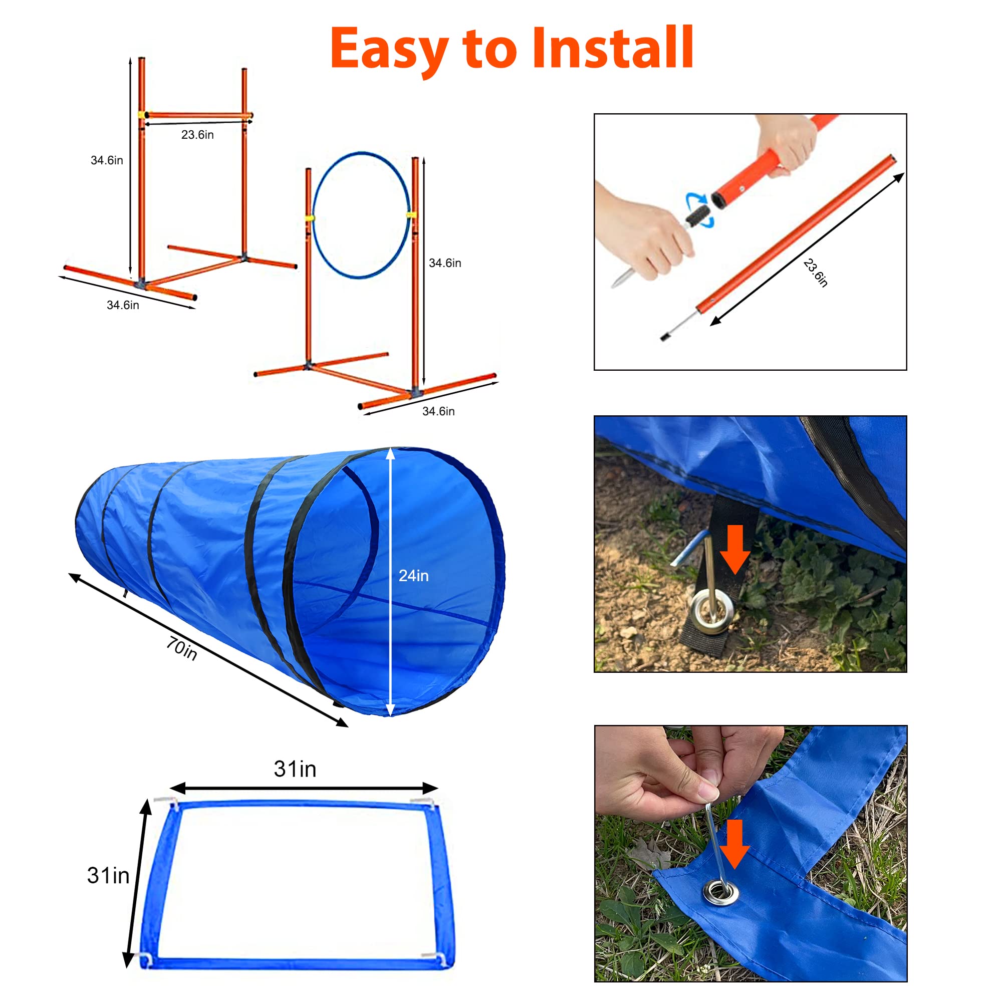 Geerduo Dog Agility Training Equipment, Obstacle Agility Training Starter Kit For Doggie, Including Tunnel, 27 Weave Poles, Adju