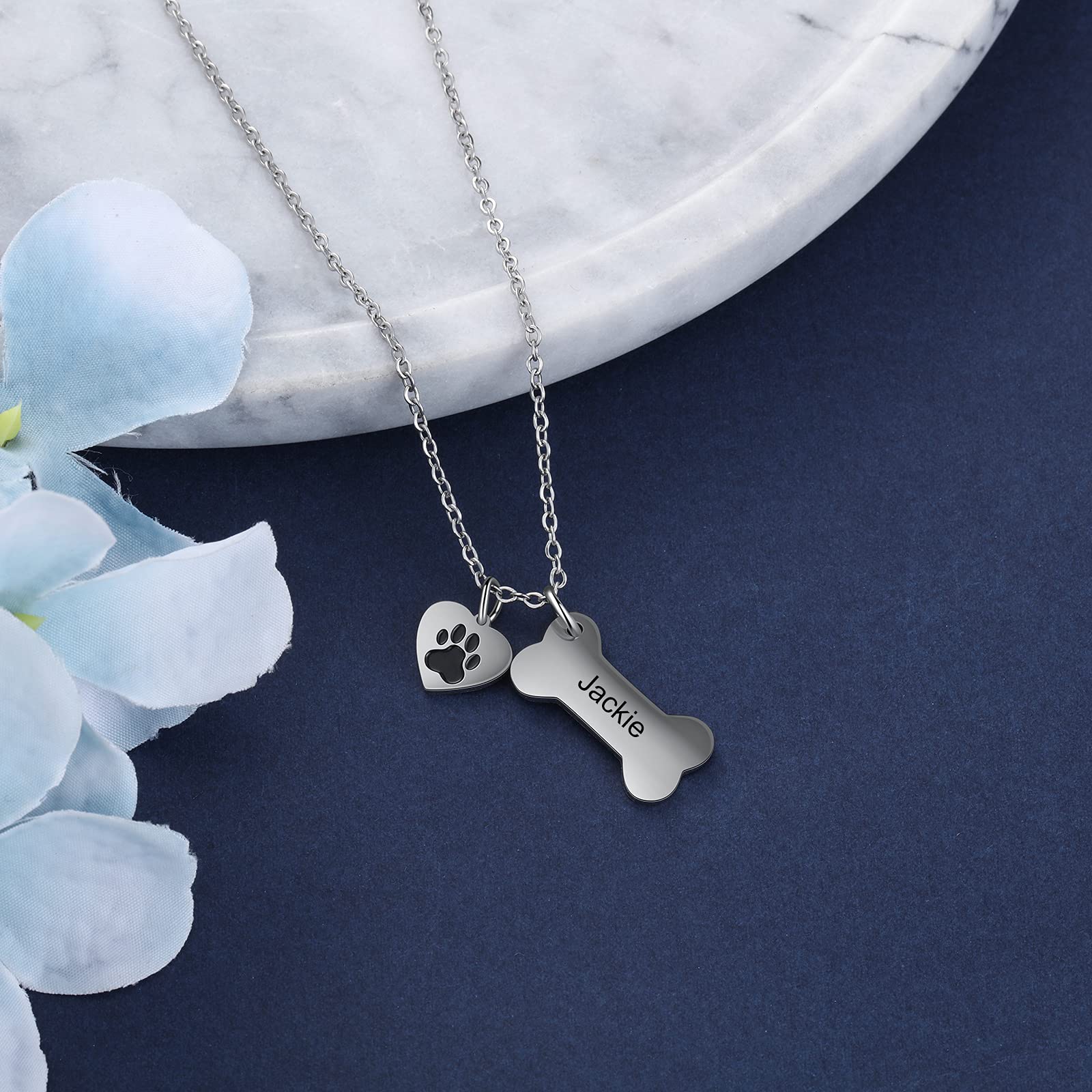 Albertband Personalized Dog Bone And Paw Charm Pendant-Dog Bone Memorial Necklace Custom Name Necklace Engrave Your Pets Name Ch