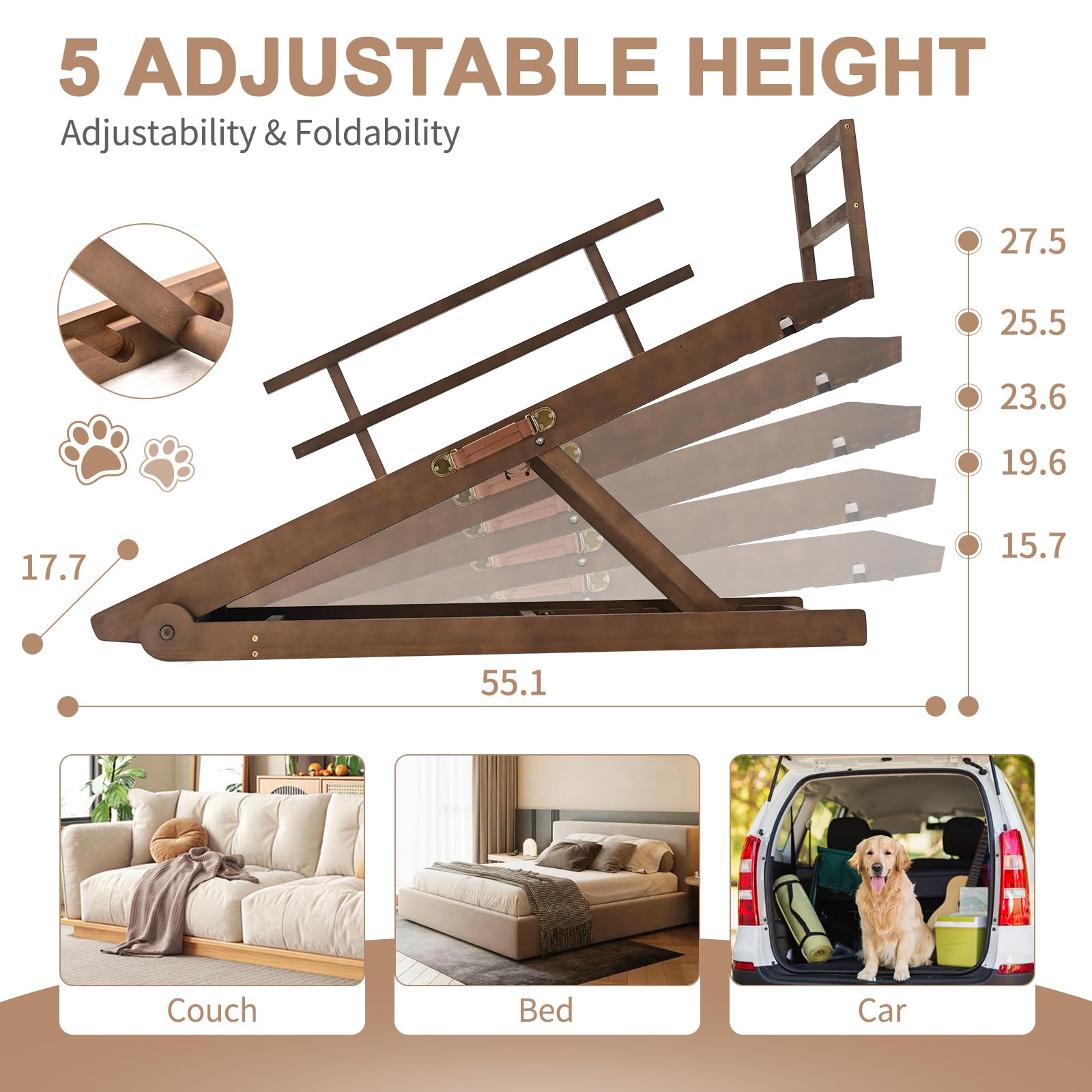 Slsy Dog Ramp, Folding/Portable/Rubber Mat High Traction/Natural Wood/5 Adjustable Levels, 55.1'' Long For High Bed, Suitable Fo