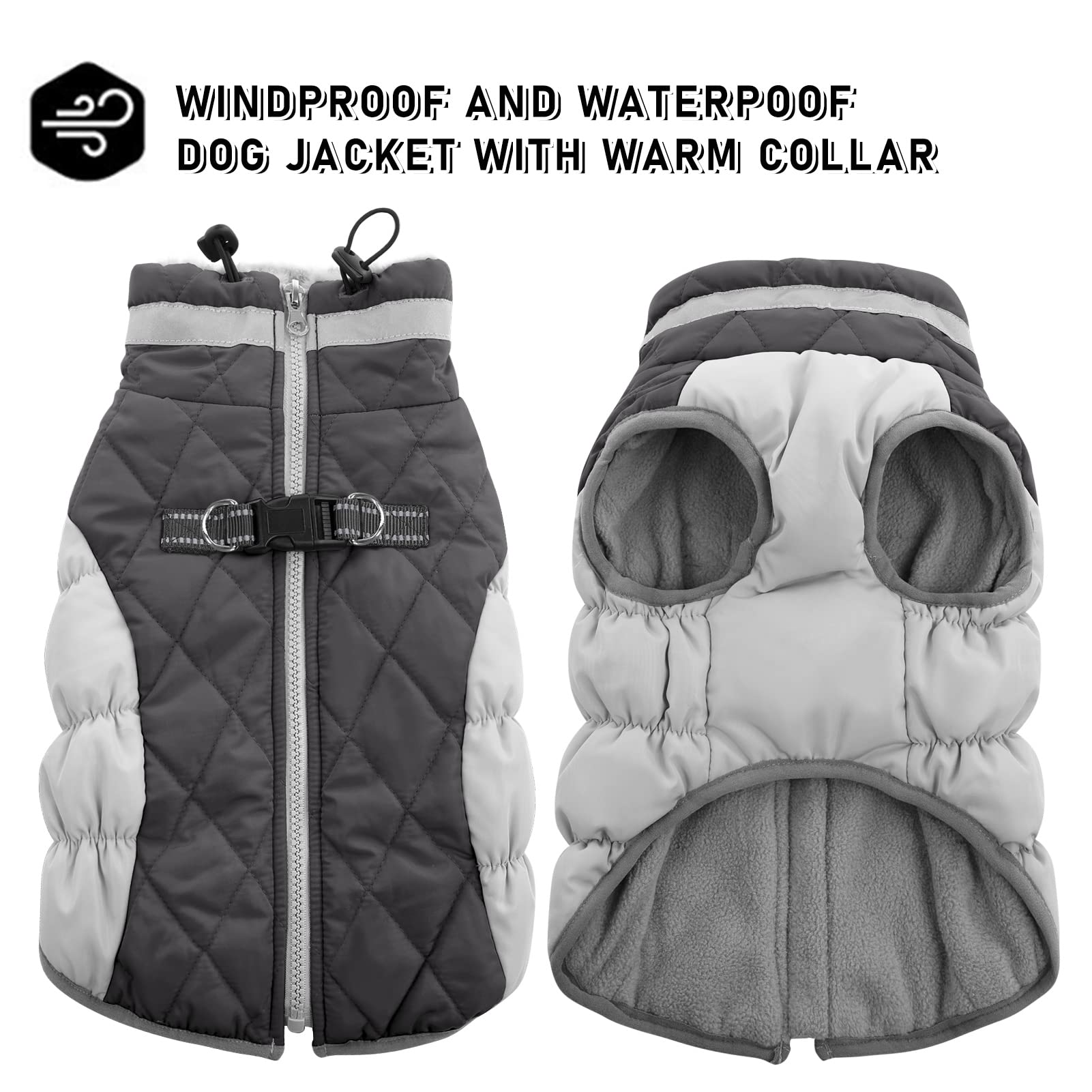 Aofitee Winter Dog Coat Warm Fleece Dog Jacket For Cold Weather, Reflective Zip Up Puppy Dog Padded Vest With Leash Rings, Outdoor Pet Sweater Snowsuit Apparel For Small Medium Large Dogs, Grey L