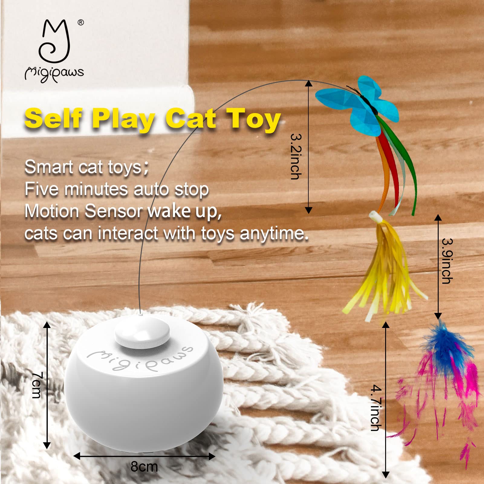Migipaws Cat Toys Interactive Butterfly Feather Mice Spin With Smart Rolling Ball For Indoor Kittens Self Play Automatic Sensing