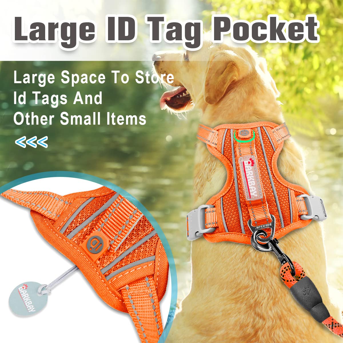 Barkbay No Pull Dog Harness Front Clip Heavy Duty Reflective Easy Control Handle For Large Dog Walking With Id Tag Pocket(Orange
