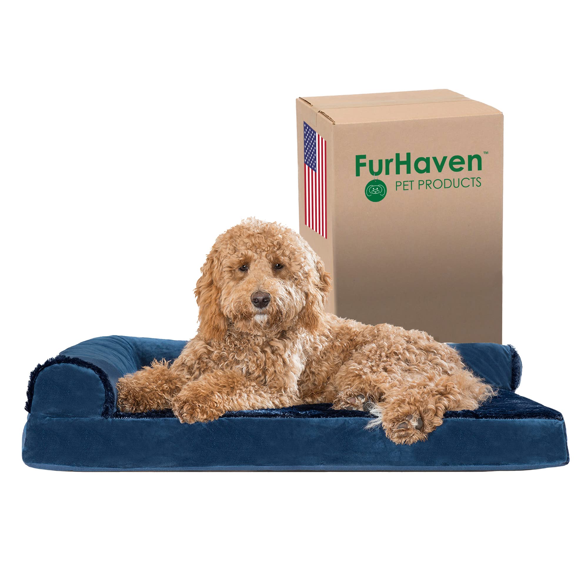 Furhaven Orthopedic Dog Bed For Large/Medium Dogs W/ Removable Bolsters & Washable Cover, For Dogs Up To 55 Lbs - Plush & Velvet L Shaped Chaise - Deep Sapphire, Large