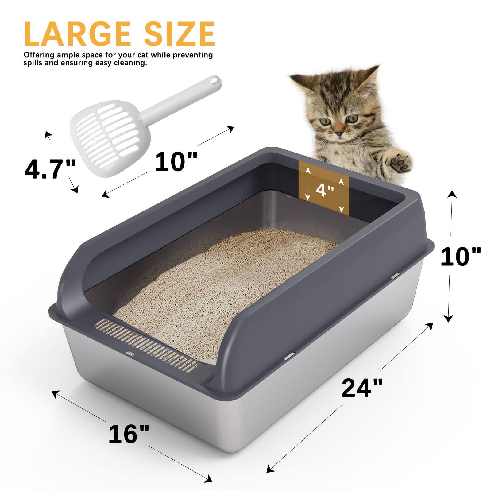 Topmart Stainless Steel Cat Litter Box With Lid, Xl Extra Large Enclosed Litter Box For Big Cats,Kittens, Easy To Clean, Built-I