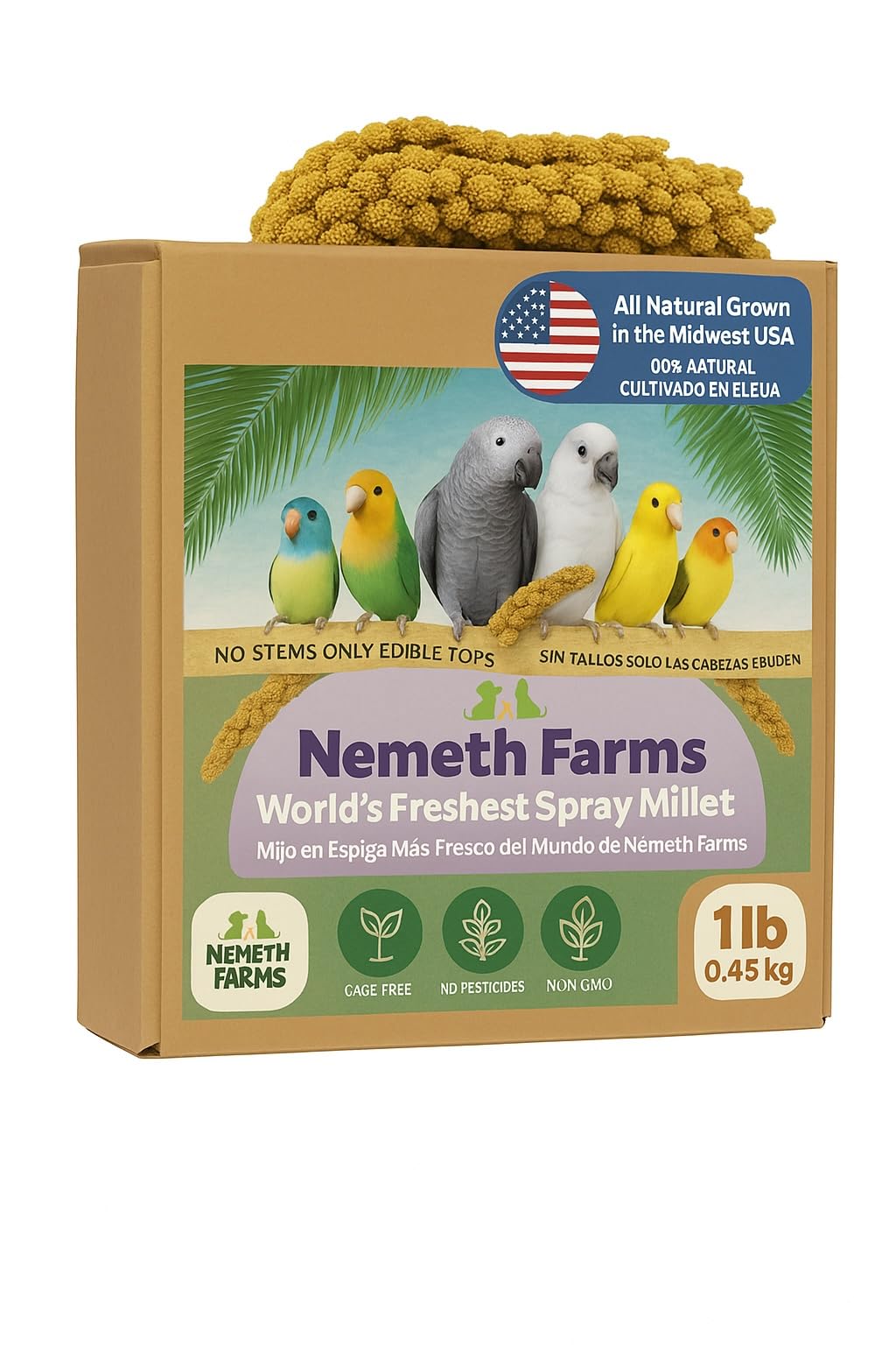 Nemeth Farms Premium Non-GMO Spray Millet Treat | Hand-Harvested Bird Snack | 100% Edible Tops | Sun-Dried Supplement for Parake