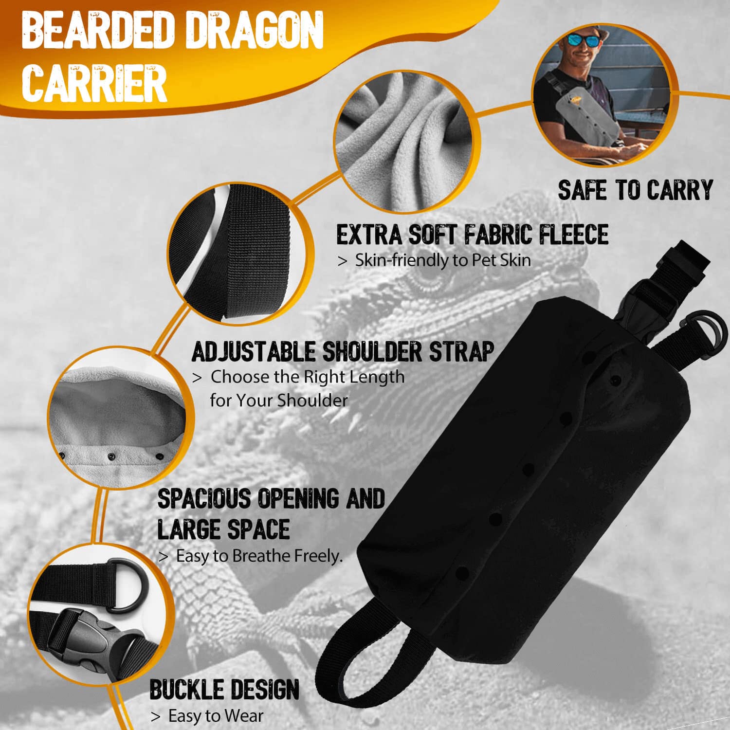 Watfoon Adjustable Lizard Leather Leash Harness And Bearded Dragon Carrier Sling, Reptile Small Pet Training Leashes And Beardie Snuggle Sling Bag For Outdoor Travel (L Black Sling)