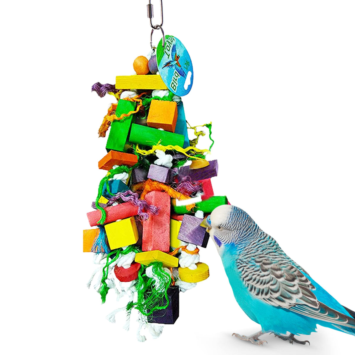 Sungrow Parrot Wooden And Rope Chewing Toy, Multi-Shaped And Multicolored Blocks And Cotton Rope With Hanging Loop (6 Inches)