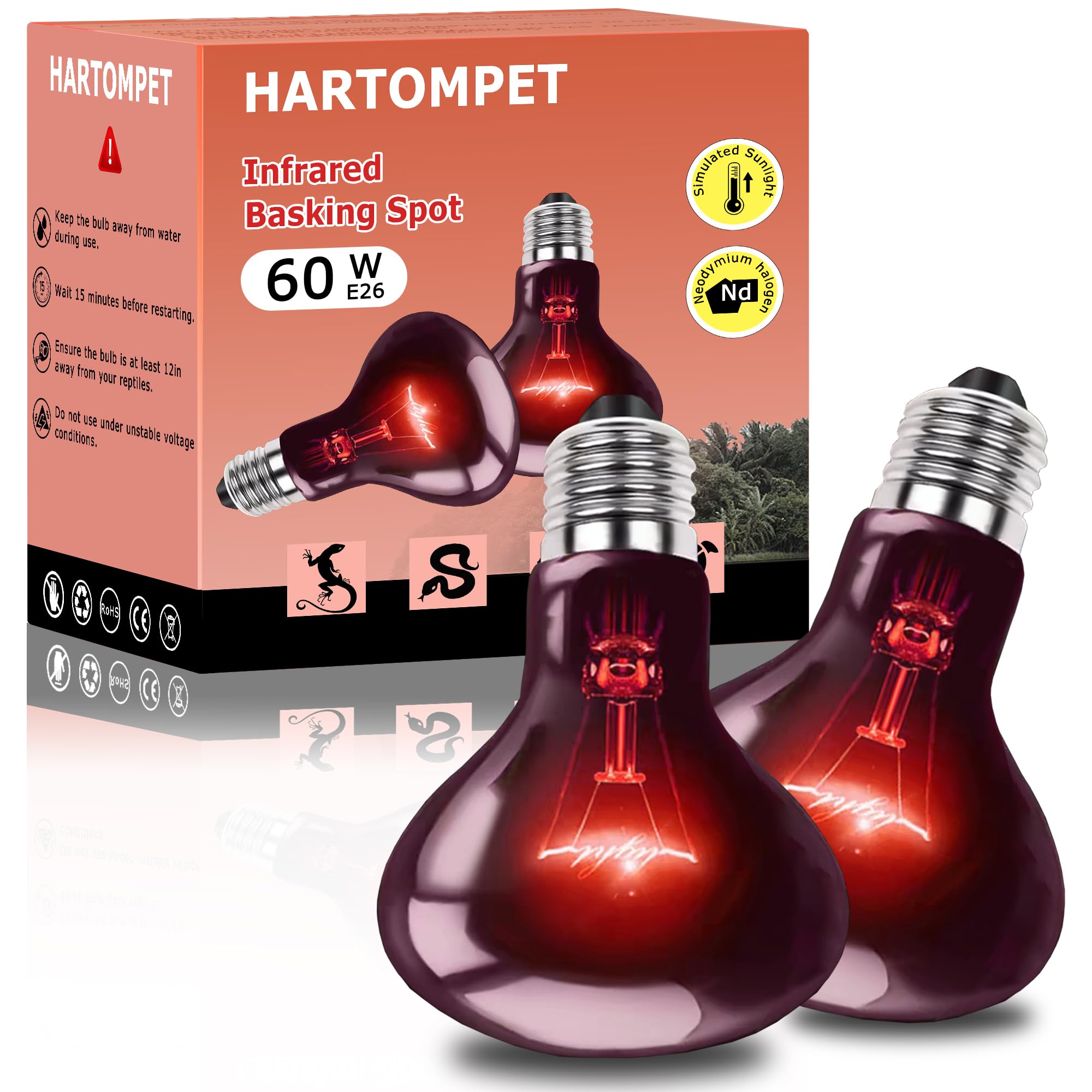 Hartompet 60W Infrared Red Heat Lamp - Perfect Basking Spot Bulb For Lizards, Bearded Dragons, Snakes & Chickens; Efficient Red 