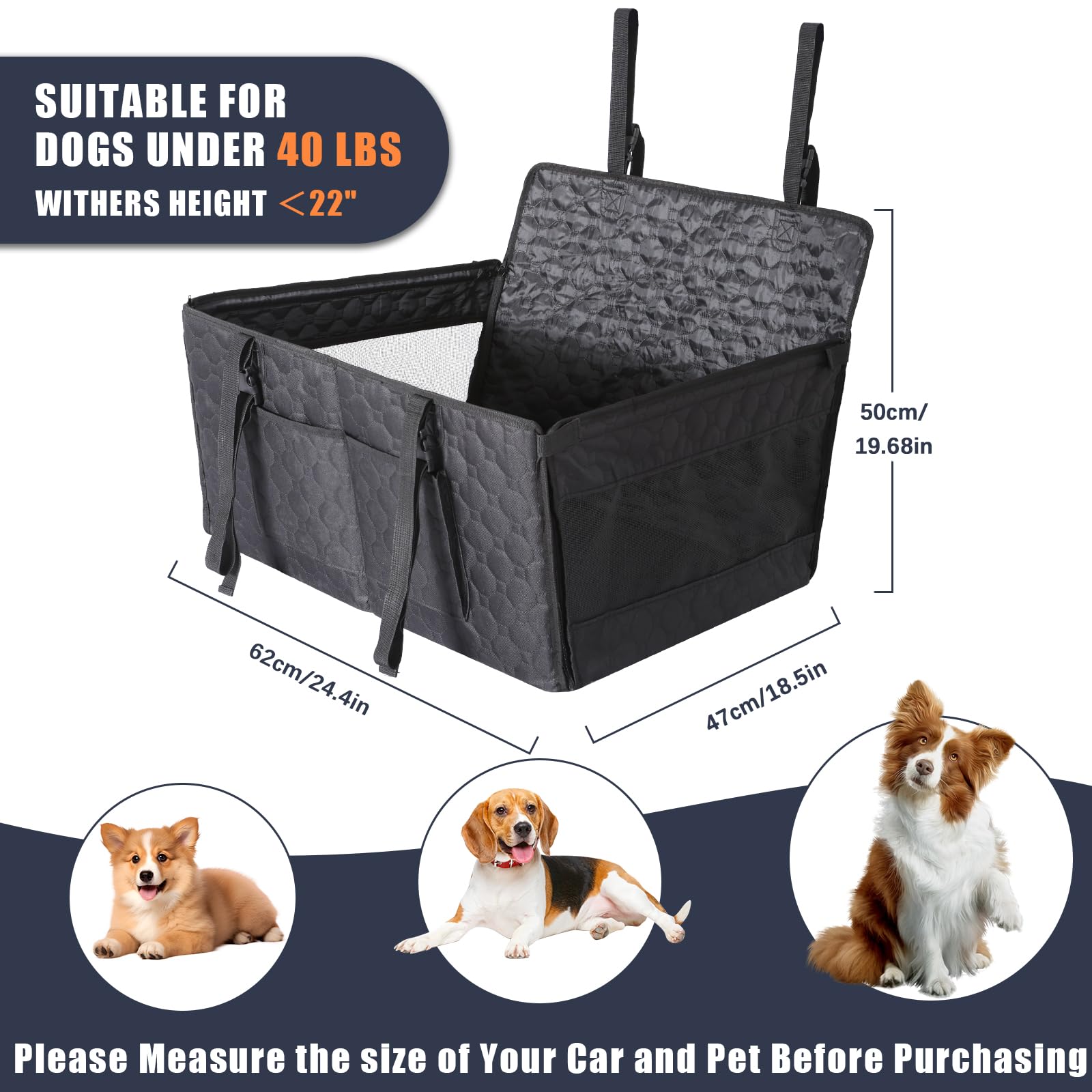 Dog Car Seat For Large Medium Dogs, Dog Car Seat Cover For Back Seat, Foldable Pet Carseat With Safety Belt, Waterproof Fabric &