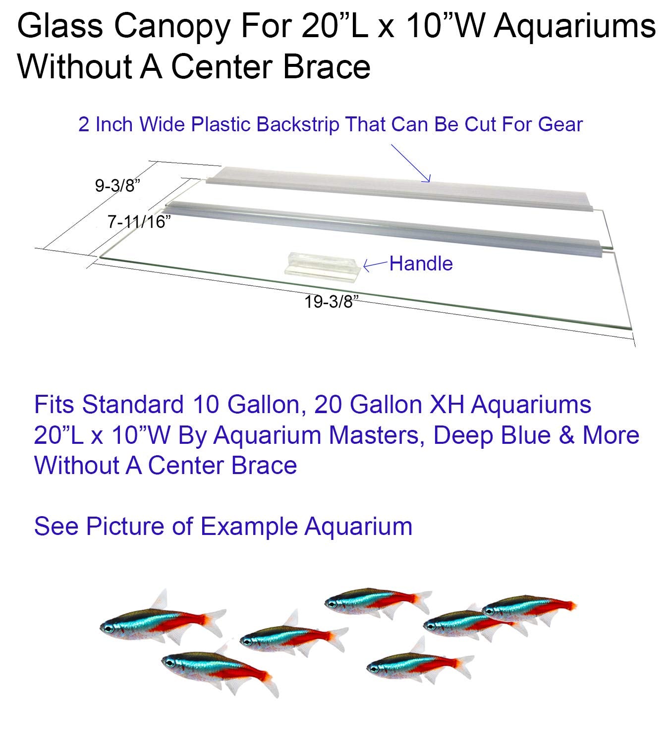 Blue Spotted Aquarium Glass Canopy, Clear, 20" L x 10" W, Fits 10-200 Gallon Tanks, Model AM32010