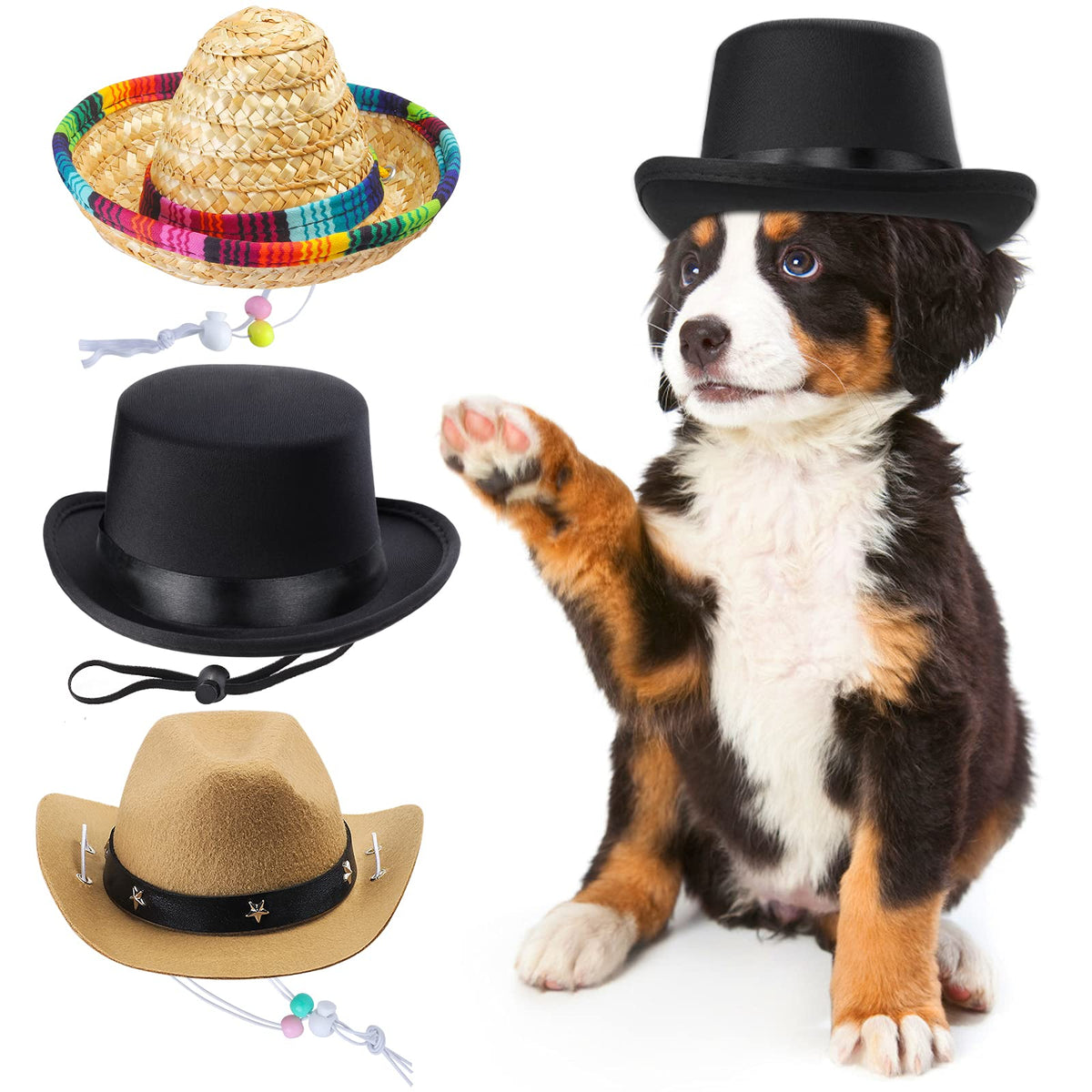 Yewong 3 Pieces Pet Hat Pet Formal Top Hat Mexico Sombrero Hat Cowboy Hat Dog Cat Pet Costume Hat For Halloween Party Photo Props Supplies One Size