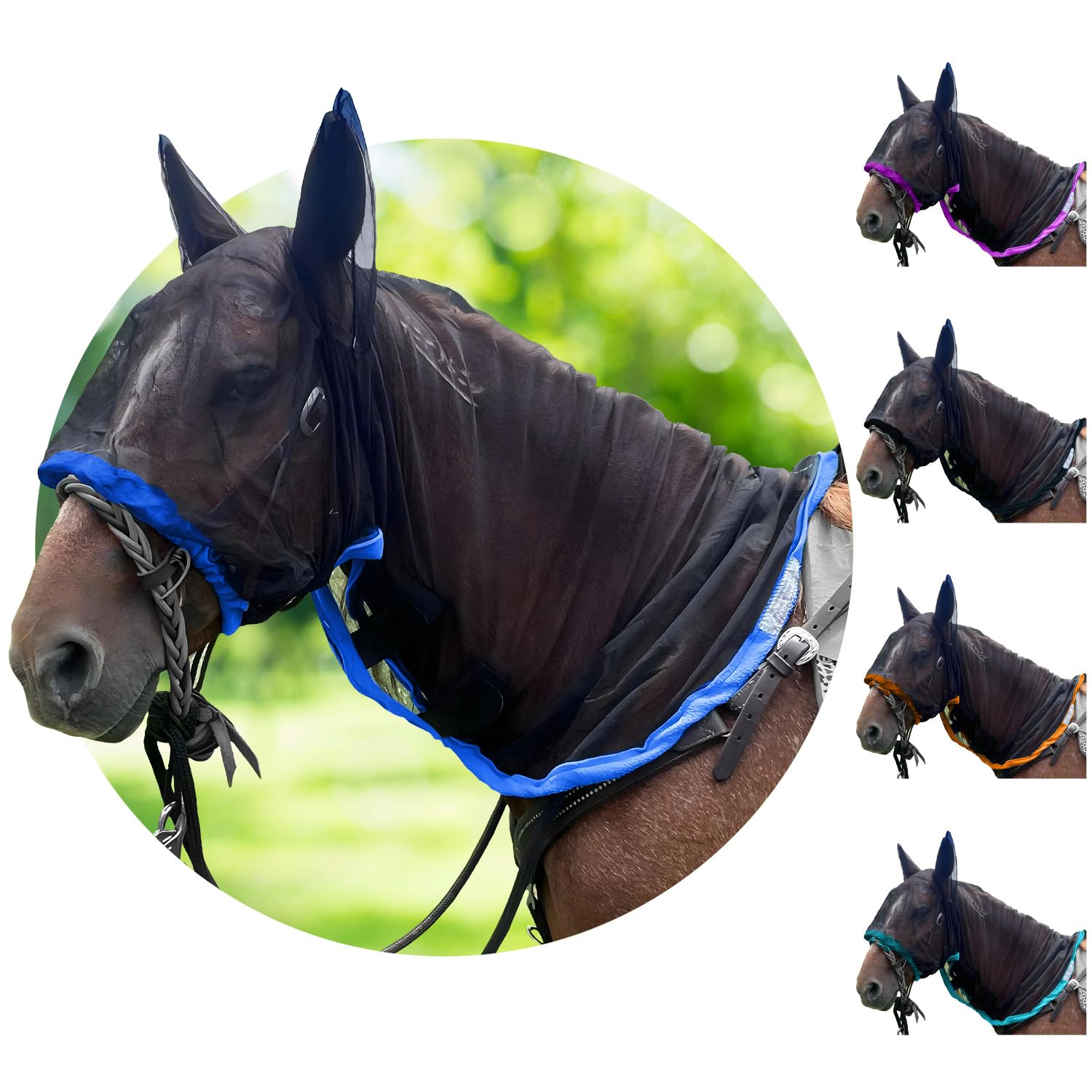 Full Horse Fly Mask with Ears - Blue Full Hoodie Warmblood Nose-to-Wither Fly Masks for Horses with Ears Horse Mask with Ear Pro
