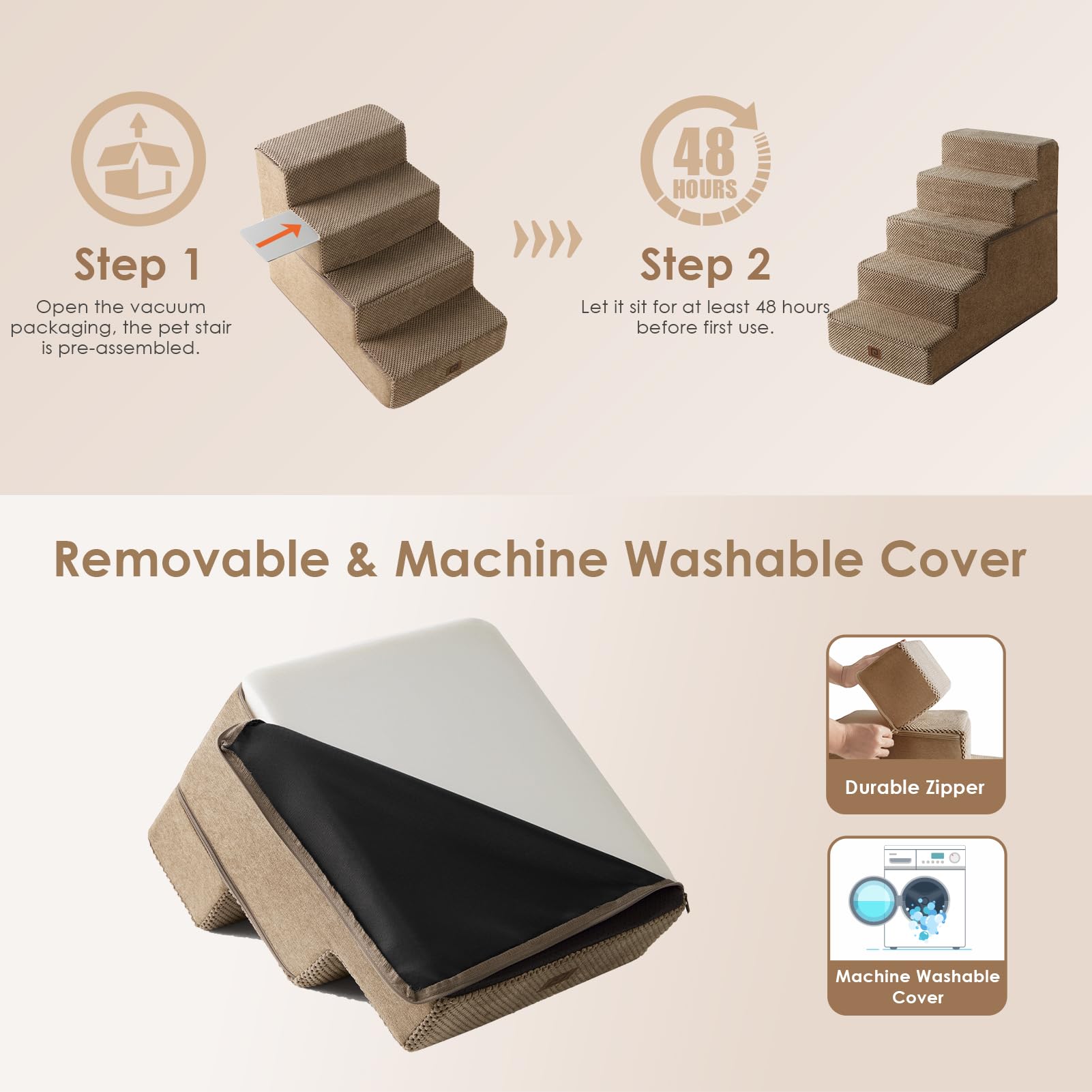 Eheyciga Dog Stairs For High Bed 22.5”H, 5-Step Dog Steps For Bed, Pet Steps For Small Dogs And Cats, Non-Slip Balanced Dog Indoor Ramp, Camel