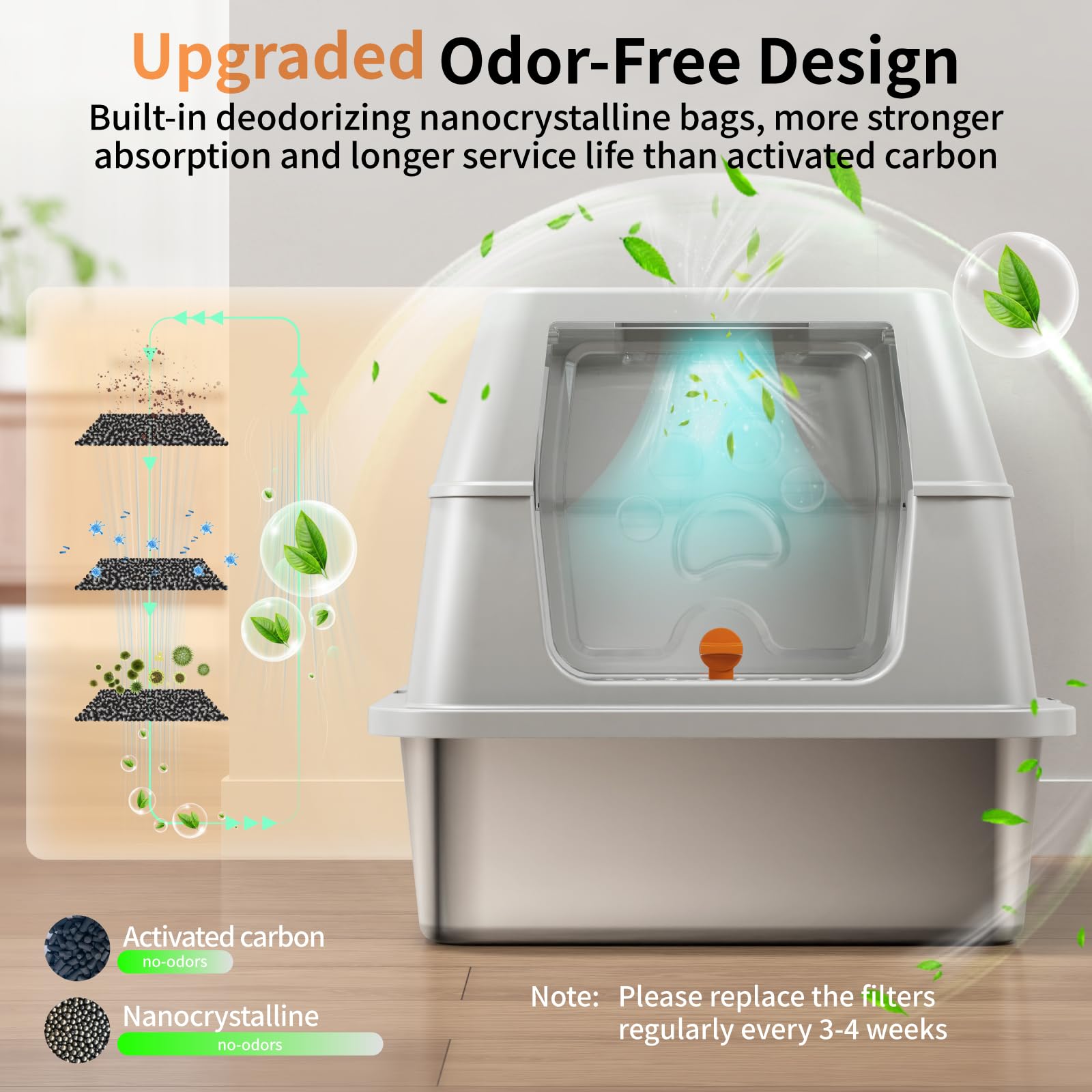 Eosarcu Stainless Steel Cat Litter Box with Lid, 180 Flip-Top XL Extra Large Enclosed Litter Box, Covered Metal High Sided Litte