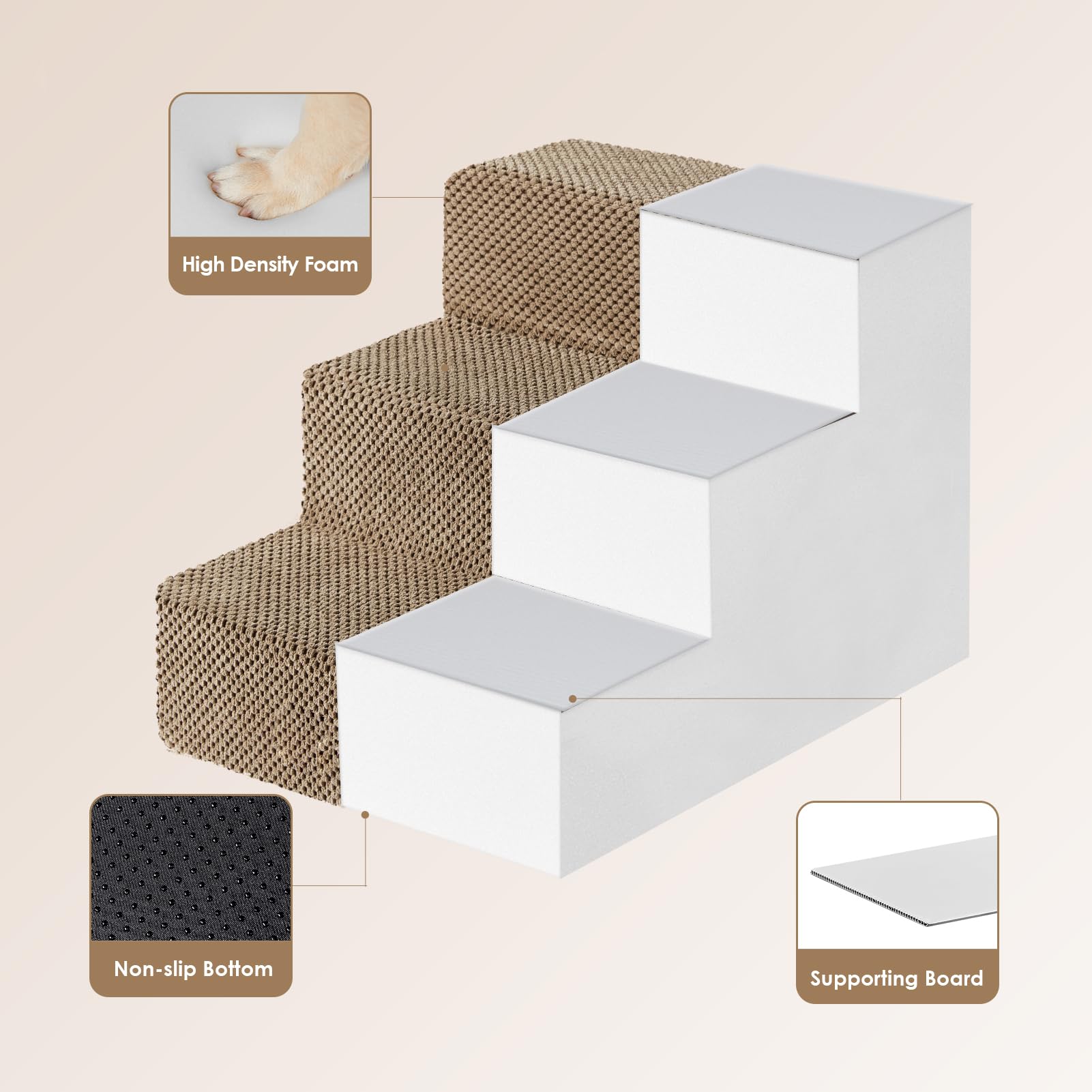 Eheyciga Dog Stairs For Small Dogs 13.5' H, 3-Step Dog Steps For Couch Sofa And Chair, Pet Steps For Small Dogs And Cats, Non-Slip Balanced Dog Indoor Ramp, Camel