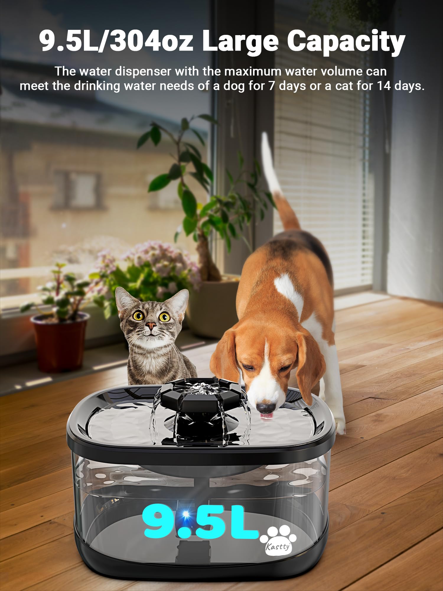 Kastty 300oz/9L Dog Water Fountain Extra Large Pet Fountain with 3 Flow Modes& Larger Filter Super Filtration& Smart 3 in 1 LED