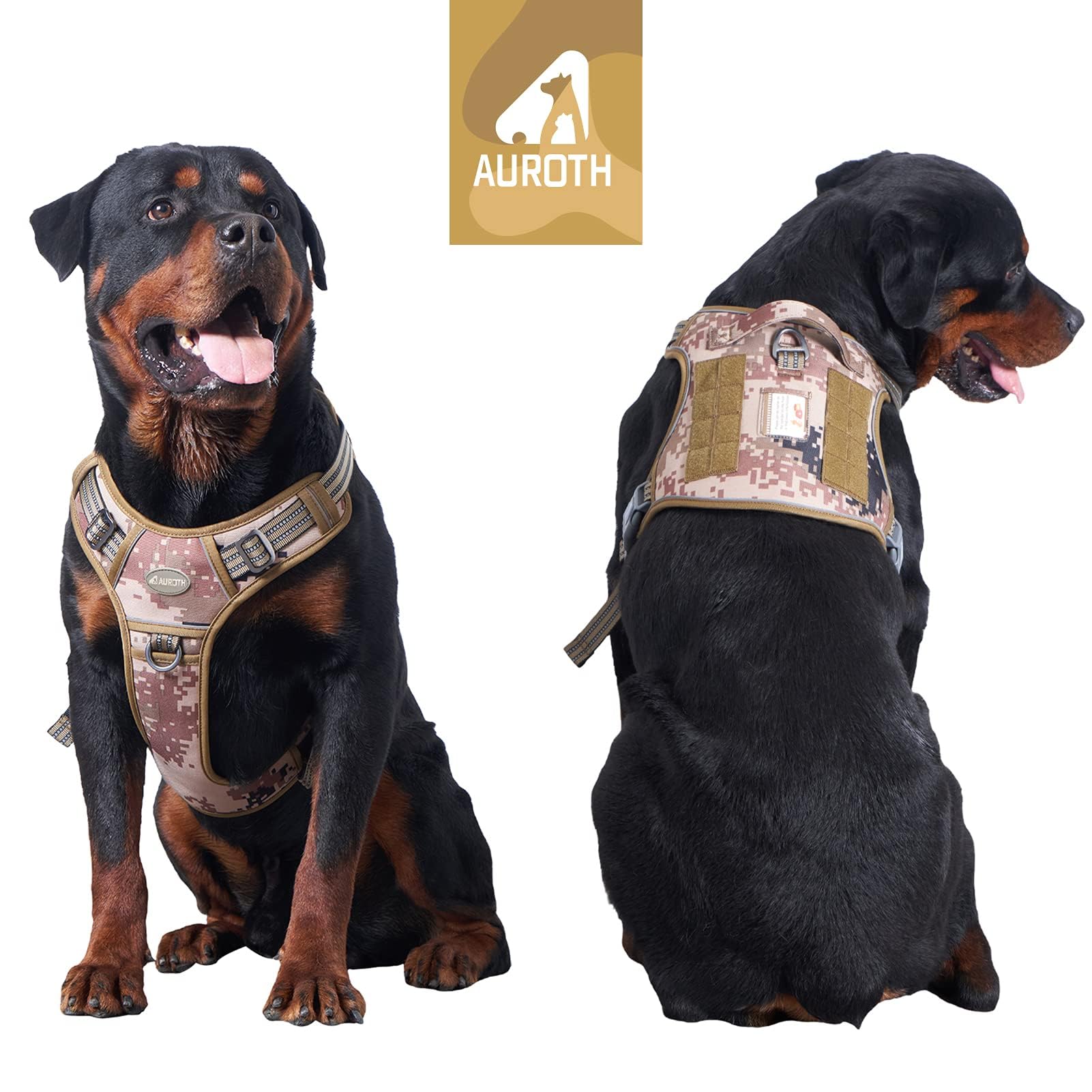 Auroth Tactical Pet Harness For Large Dogs No Pull Adjustable, Reflective K9 Working Training Easy Control Vest Military Fpr Service Dog Desert Camo L