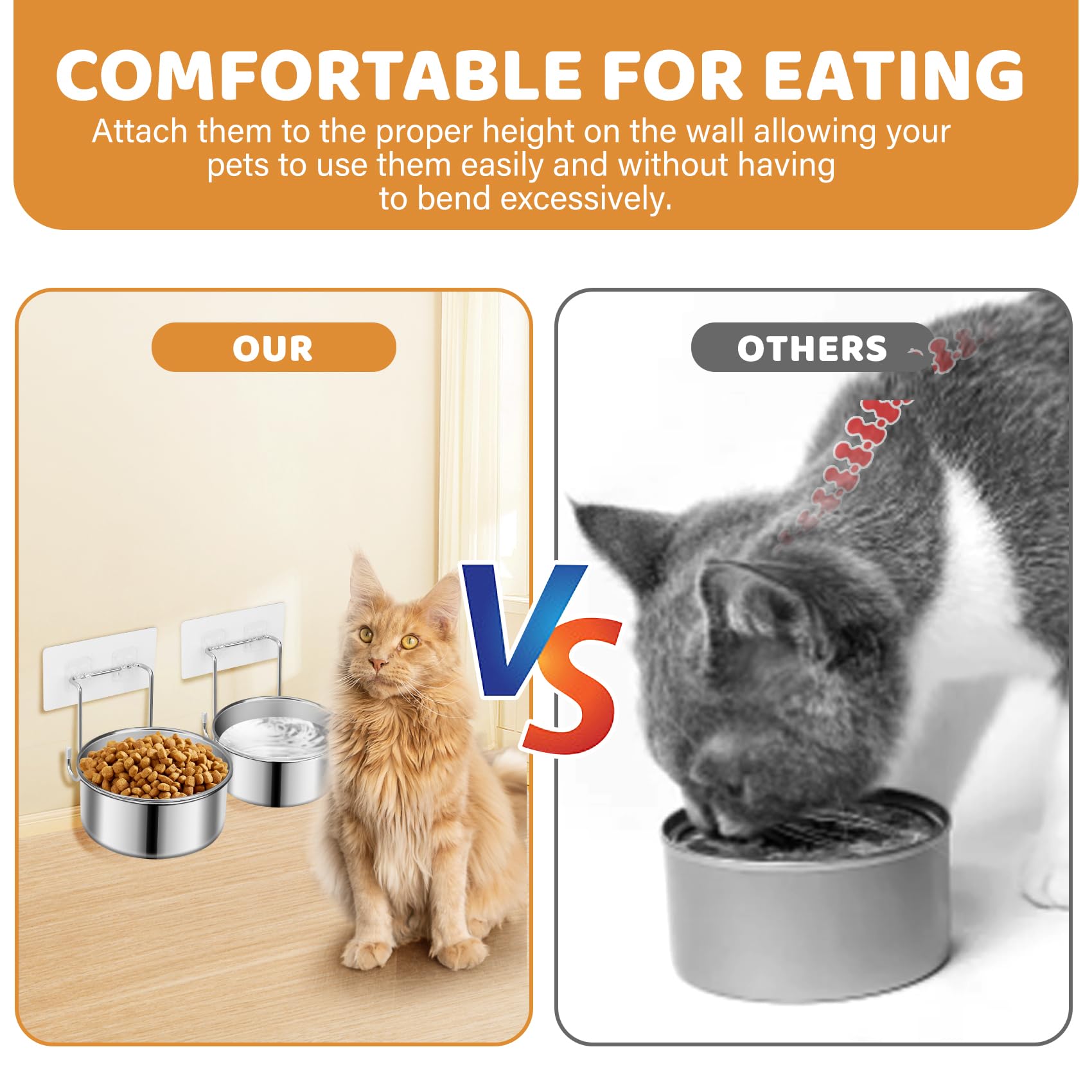 2 Pcs Small Wall Mounted Cat Bowls, Elevated Hanging Puppy Food and Water Bowls Stainless Steel Non-Spill Kitten Feeding Dish wi