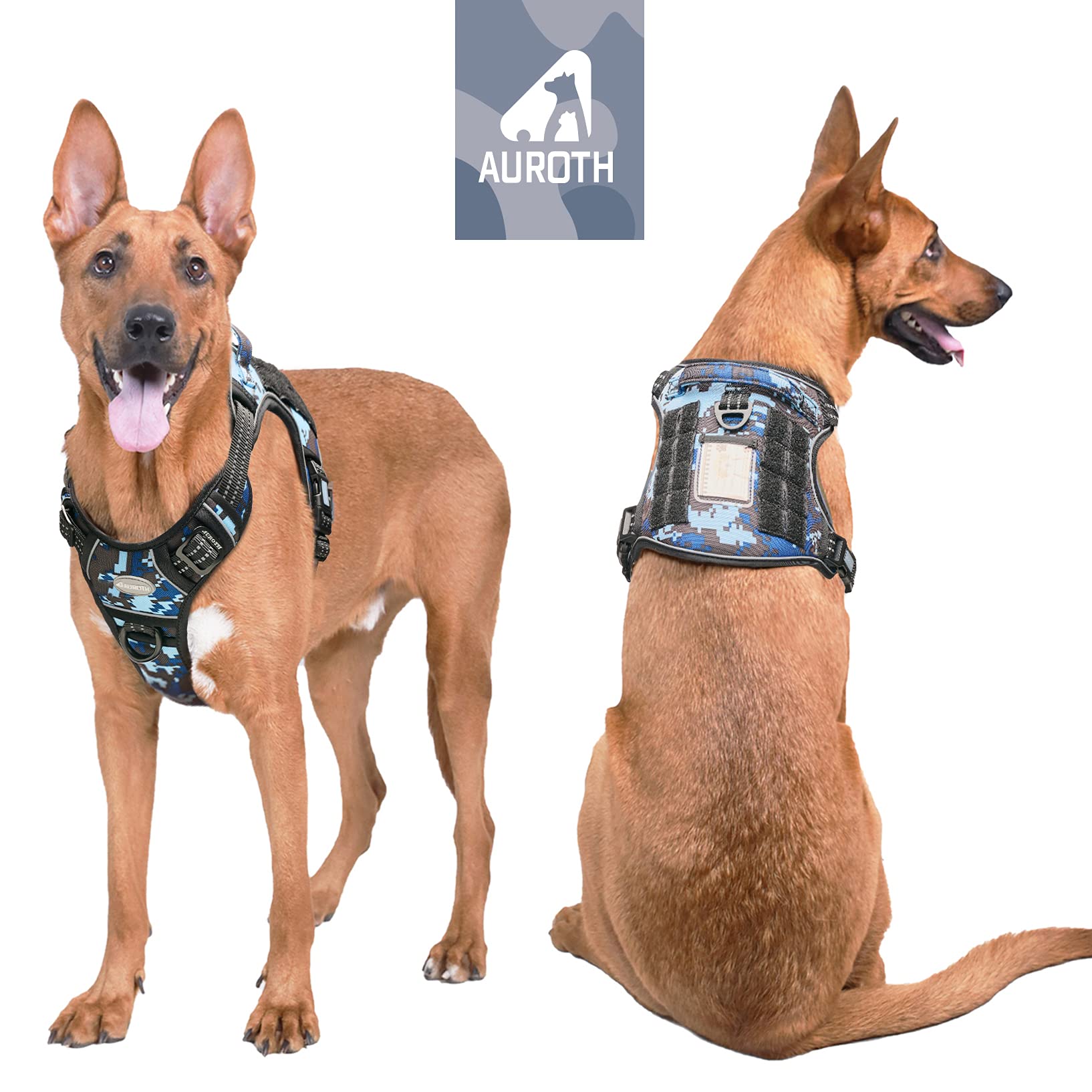 Auroth Tactical Dog Training Harness No Pulling Front Clip Leash Adhesion Reflective K9 Pet Working Vest Easy Control For Small Medium Large Dogs Blue Camo Xl