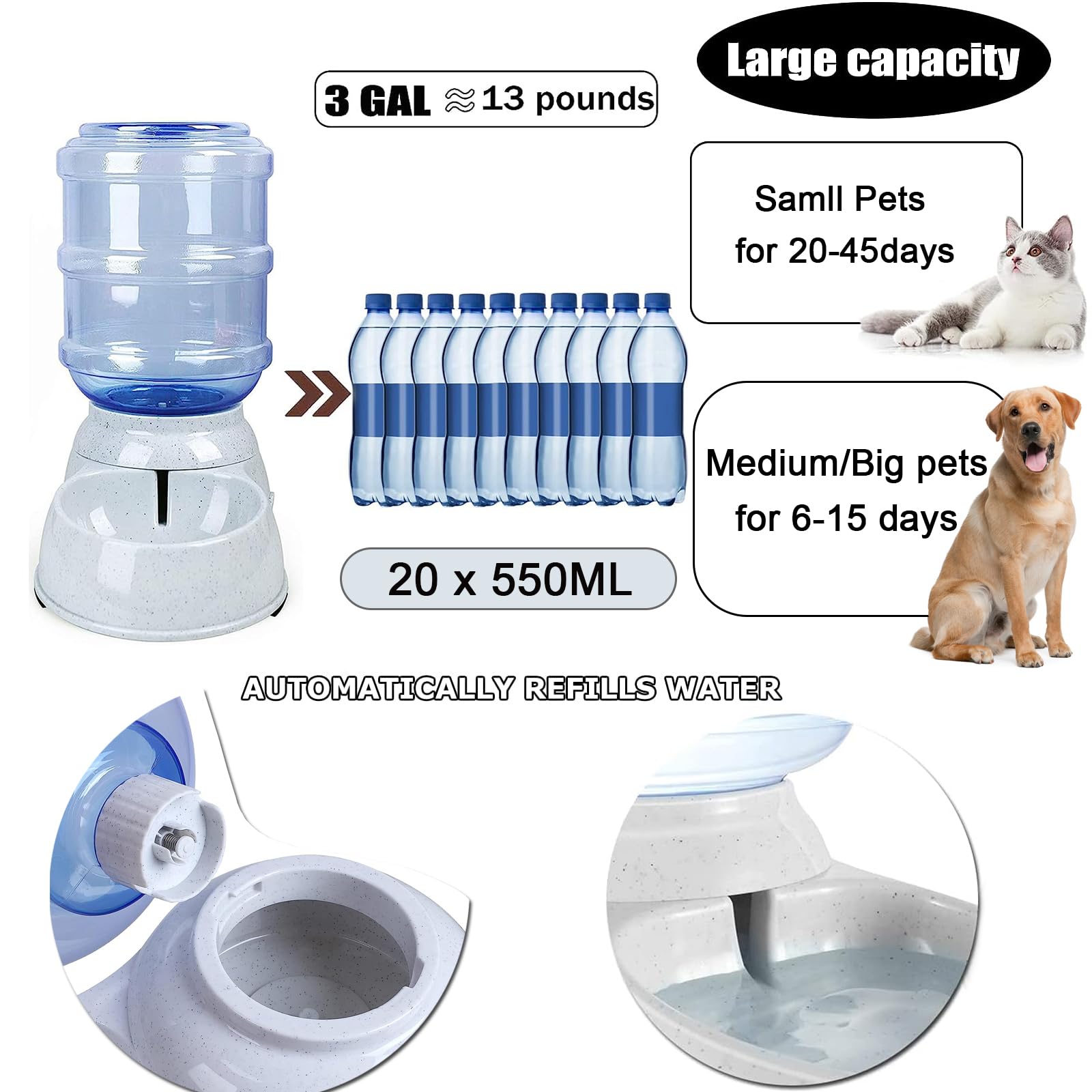 Kenond Water Dispenser Station For Large Dogs,3 Gallon/11L Gravity Automatic Feeder, Cat Dog Water Fountain, Dog Water Bowl Disp
