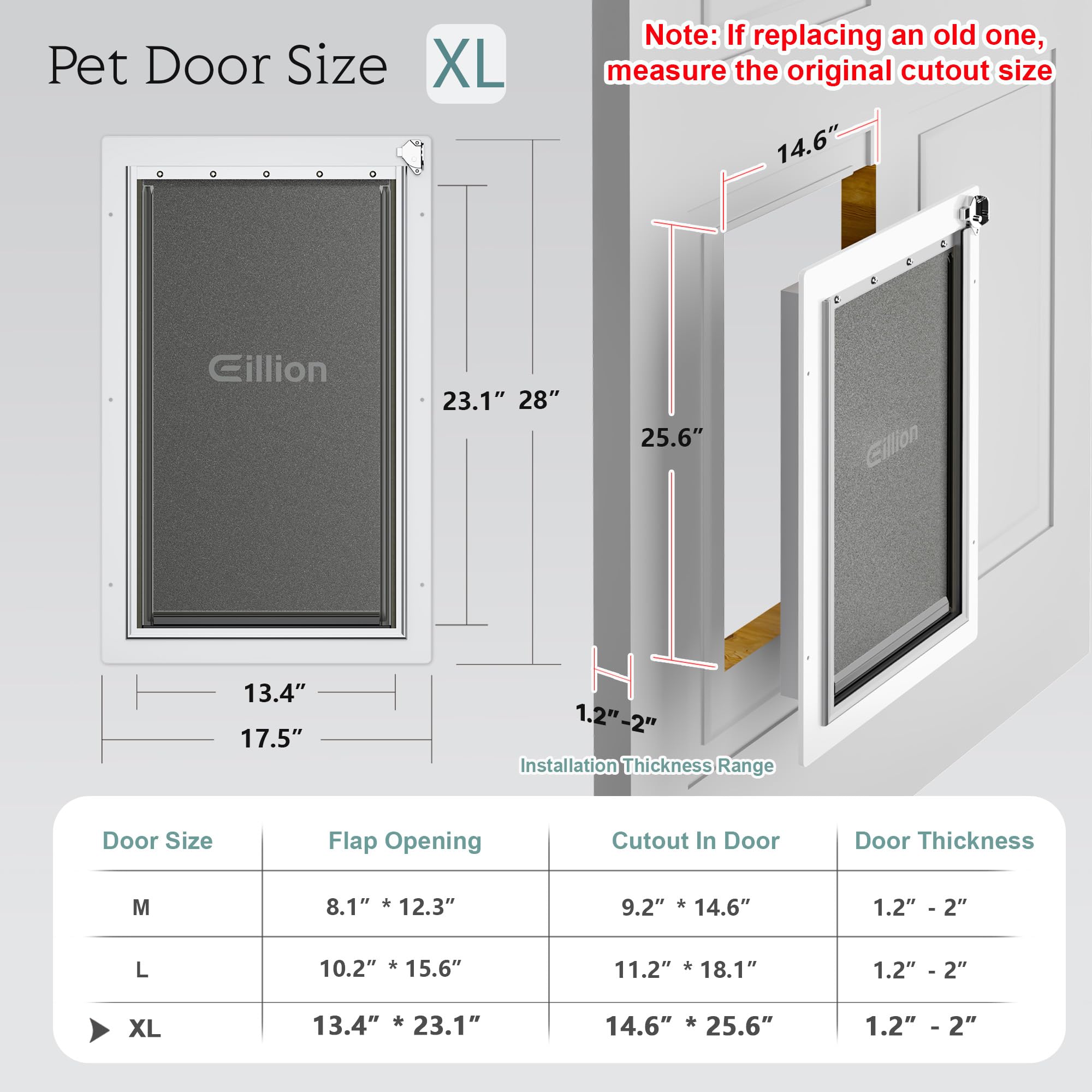 Eillion Extra Large Dog Door for Exterior Door, Up to 220 lbs, Doggy Door with 3 Flaps Opening 13.4 '' x 23.1 '', Aluminum Frame