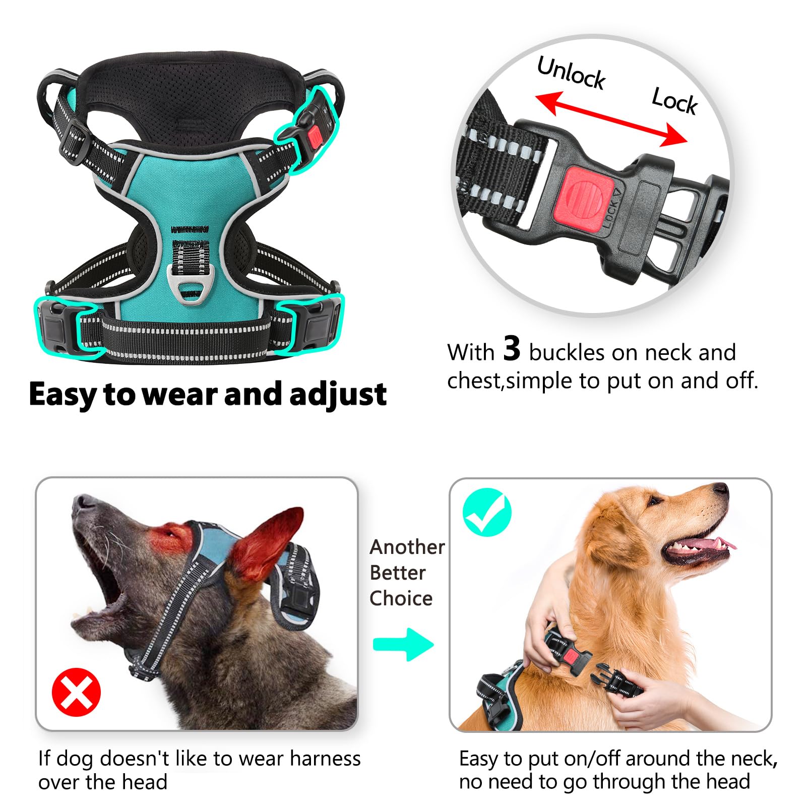 Timos No Pull Dog Harness,No Need Go Over Dogs Head 3 Snap Buckles Reflective Oxford No Choke Puppy Harness With Front & Back 2
