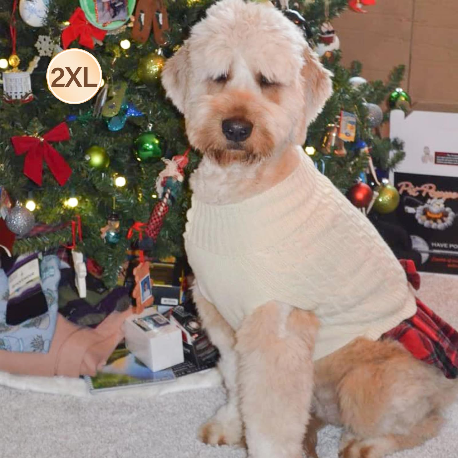 Kyeese Dog Sweaters Dress For Medium Dogs With Bowtie Turtleneck Red Dog Knitwear Plaid Pattern Warm Pet Sweater Beige