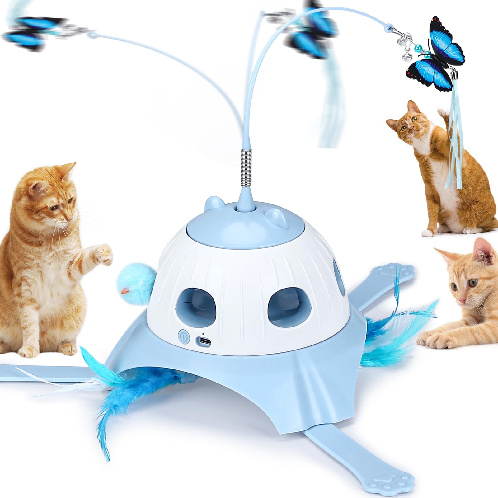 Aiperro 3-In-1 Automatic Cat Toys For Indoor Cats, Fluttering Butterfly, Whack A Mole, Rotating Feather Wand, Usb Rechargeable I